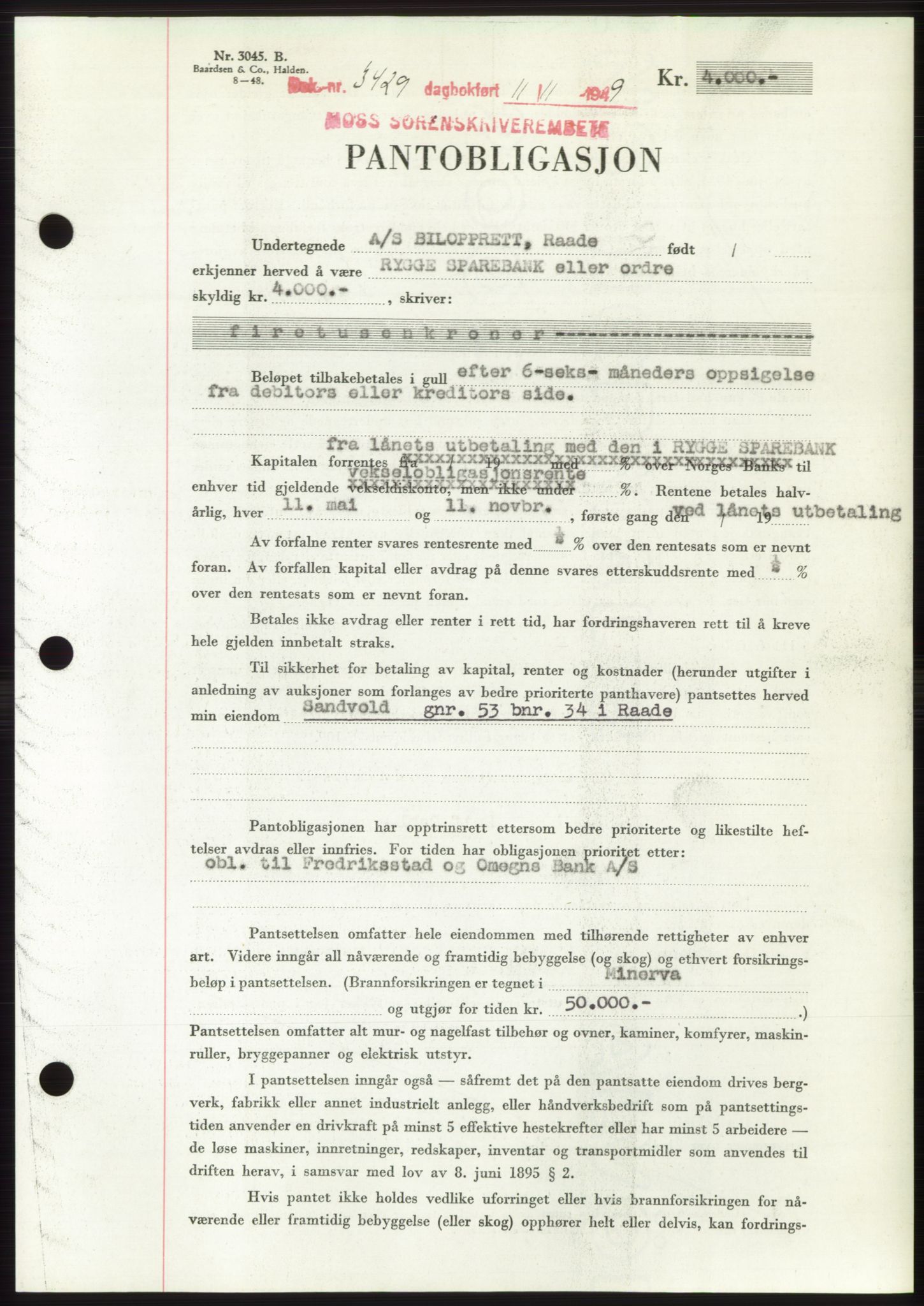Moss sorenskriveri, SAO/A-10168: Mortgage book no. B23, 1949-1950, Diary no: : 3429/1949