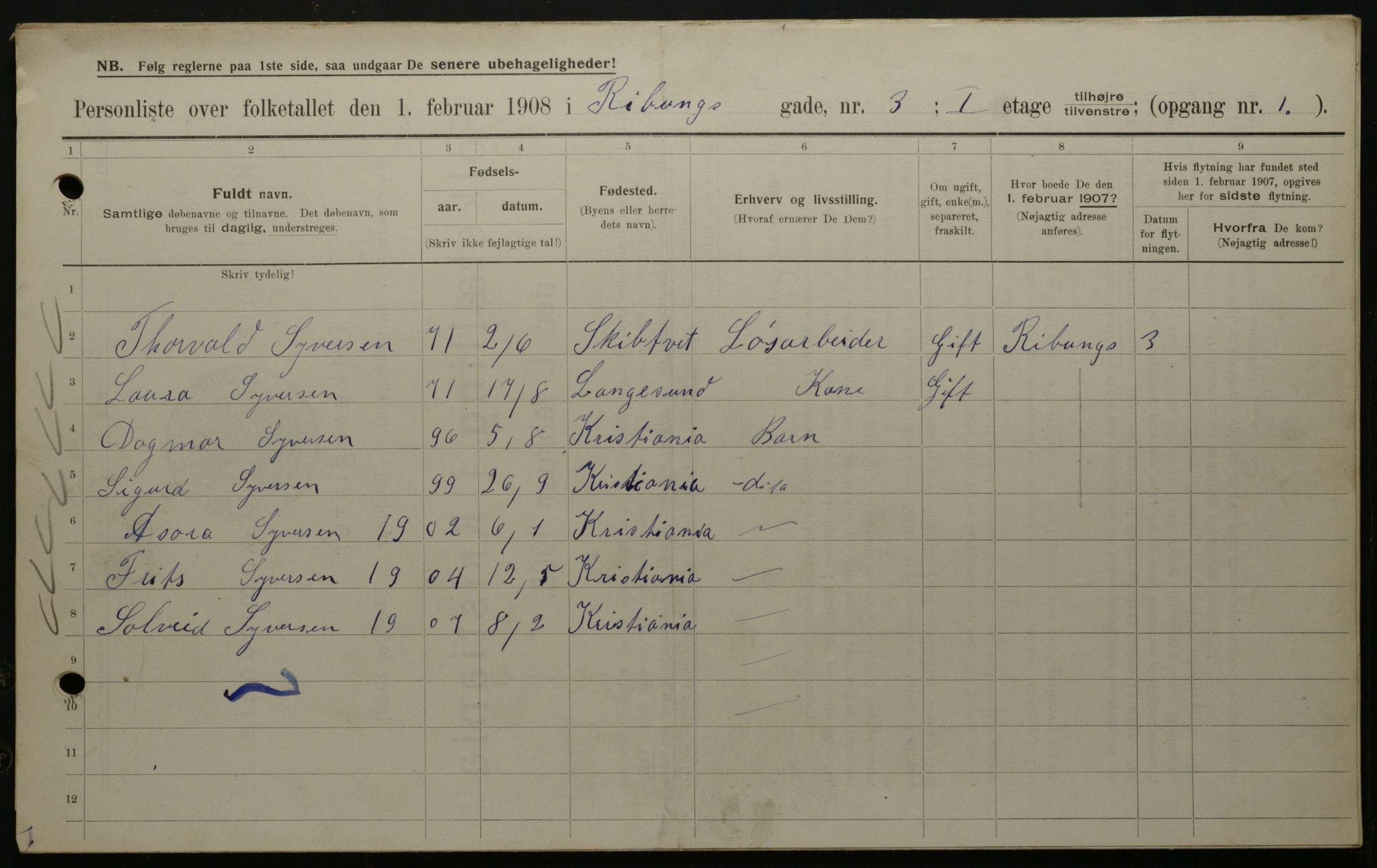 OBA, Municipal Census 1908 for Kristiania, 1908, p. 74543