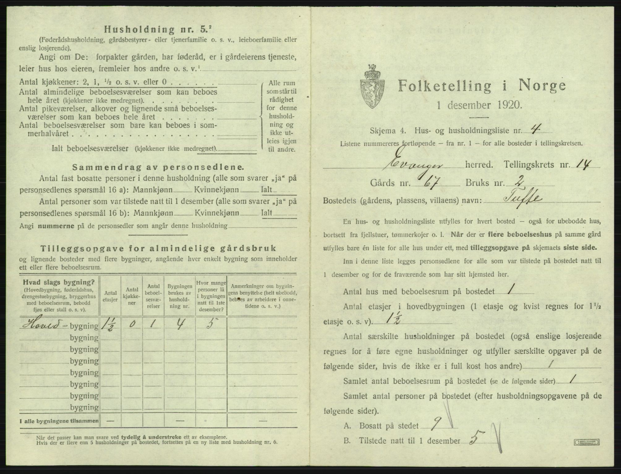 SAB, 1920 census for Evanger, 1920, p. 641