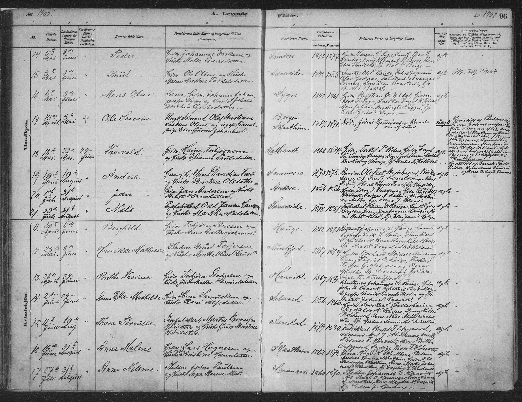 Fusa sokneprestembete, AV/SAB-A-75401/H/Haa: Parish register (official) no. D 1, 1880-1938, p. 96