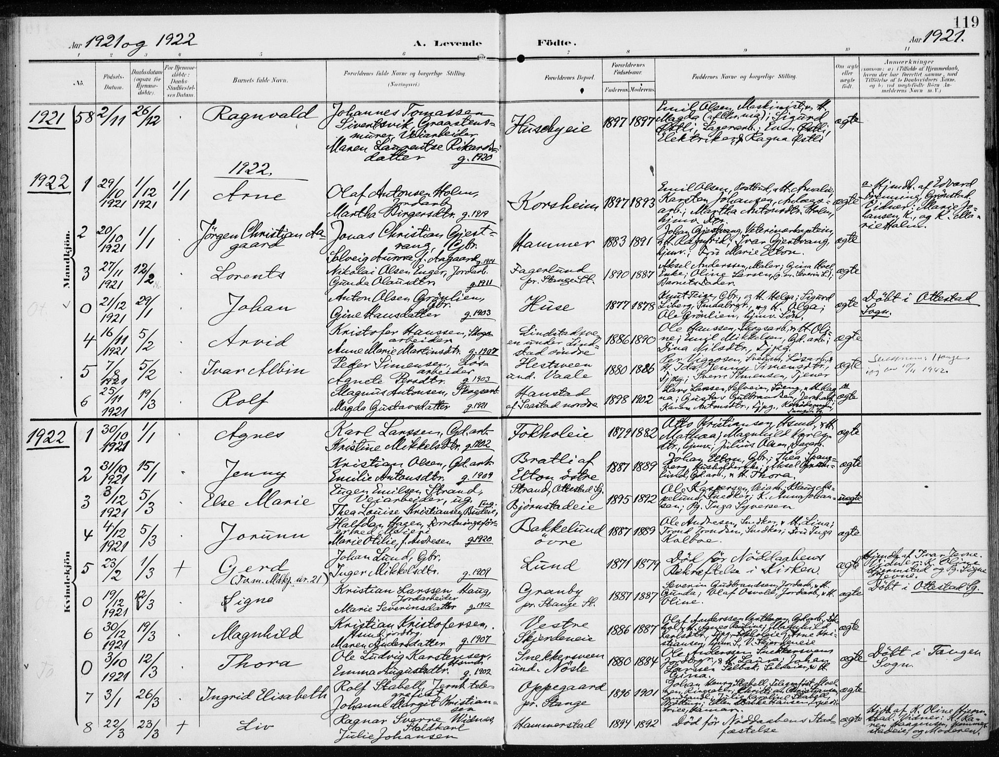 Stange prestekontor, SAH/PREST-002/K/L0024: Parish register (official) no. 24, 1906-1922, p. 119