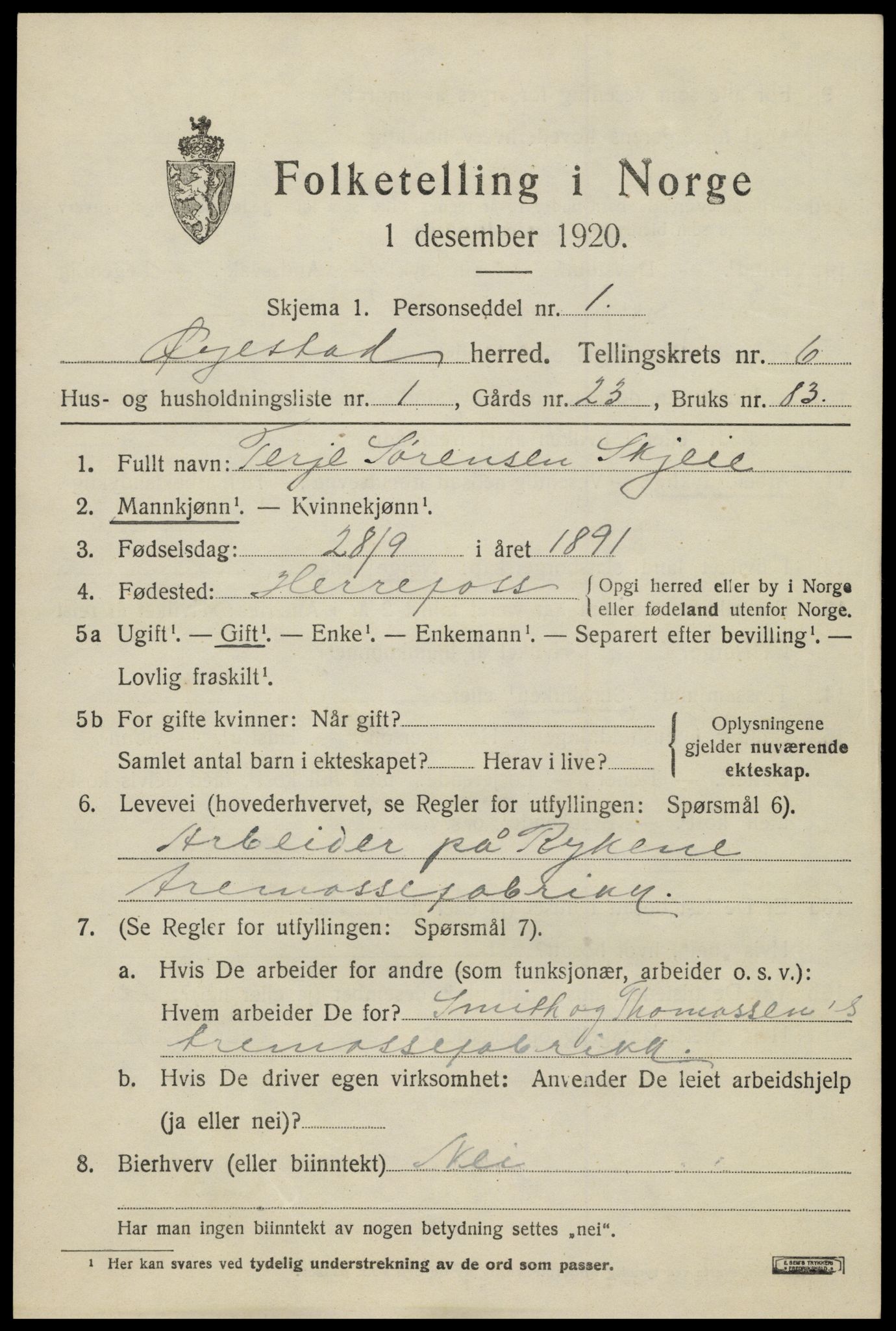 SAK, 1920 census for Øyestad, 1920, p. 4178