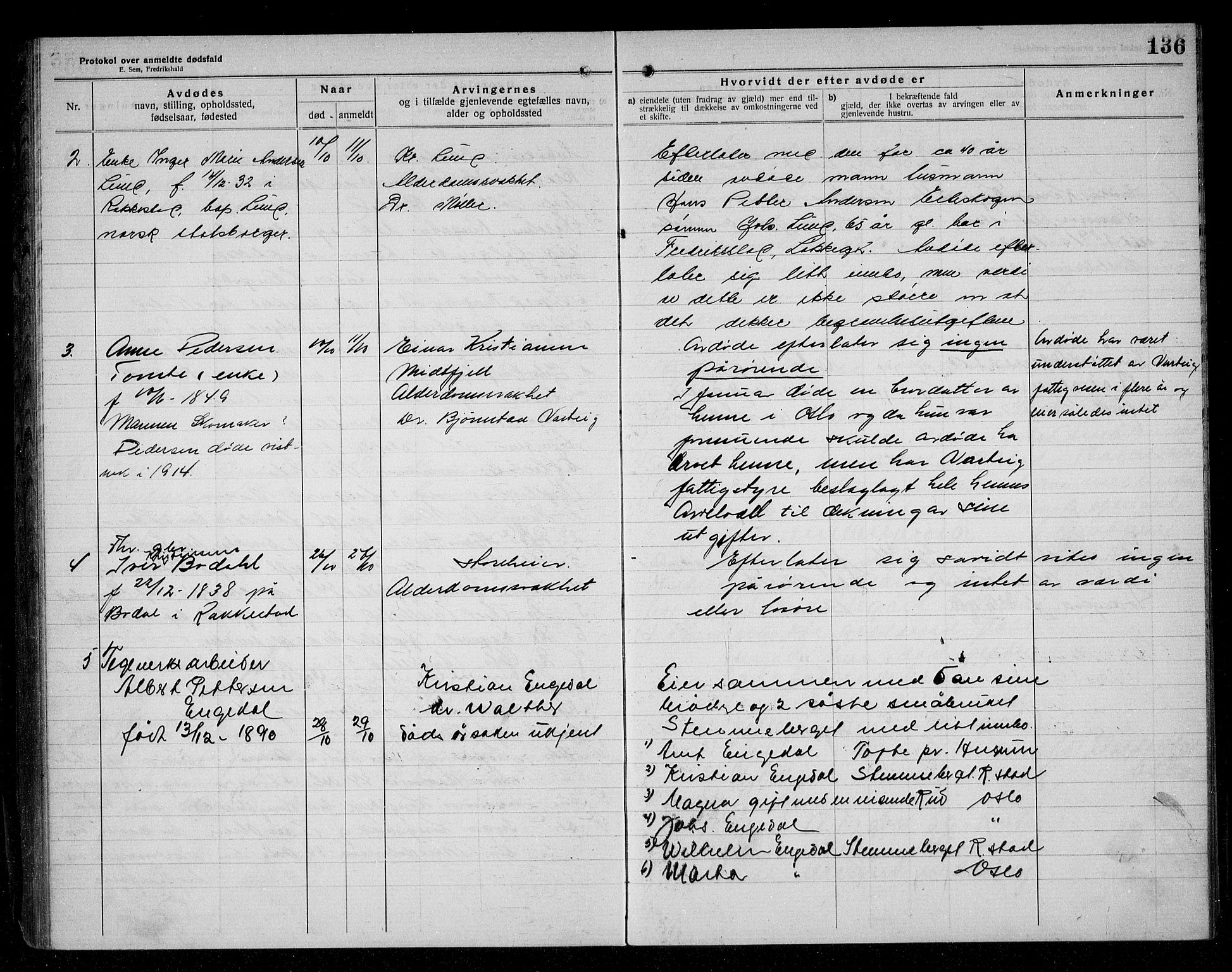 Rakkestad lensmannskontor, SAO/A-10004/H/Ha/Haa/L0004: Dødsanmeldelsesprotokoll, 1920-1931, p. 136