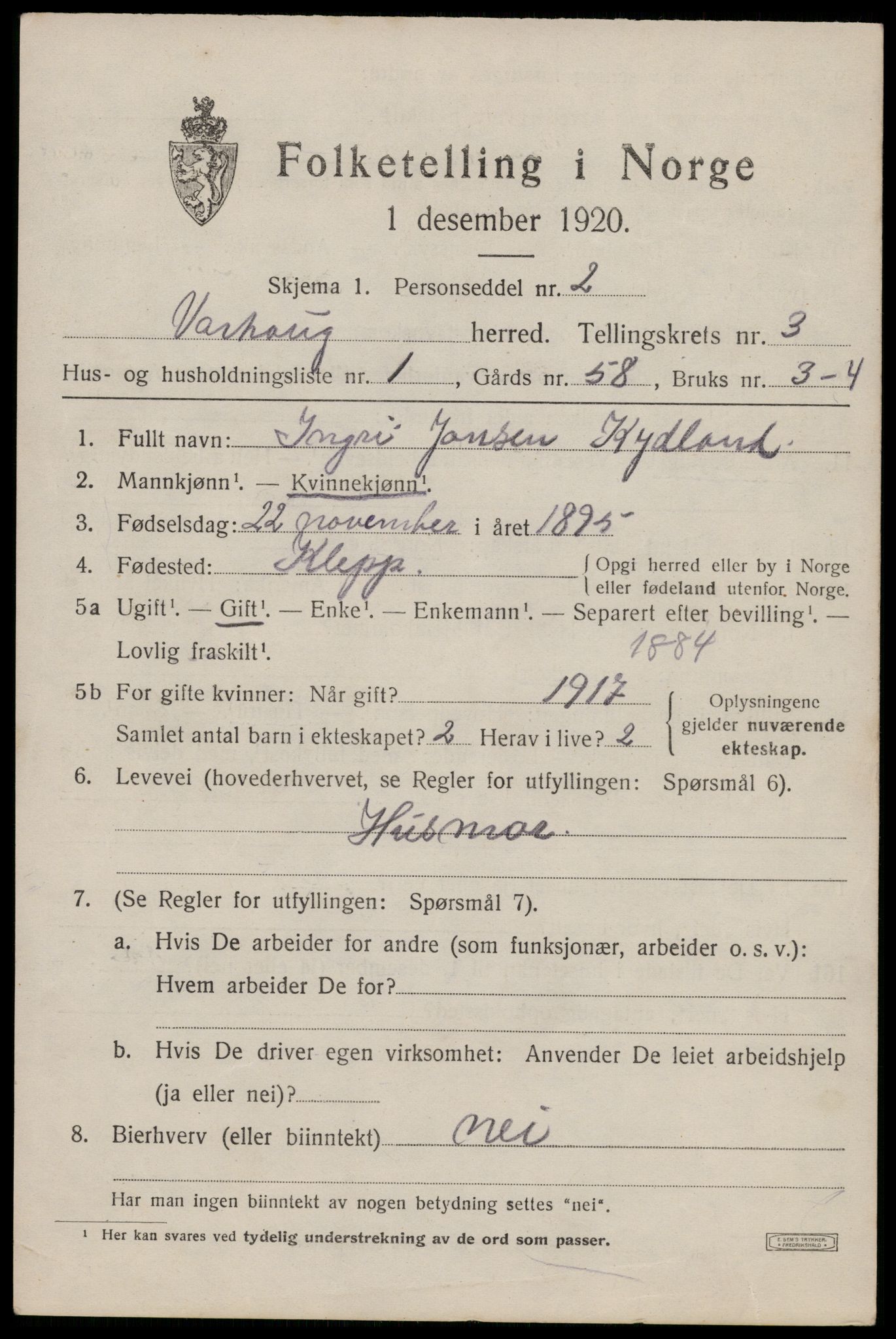 SAST, 1920 census for Varhaug, 1920, p. 2945