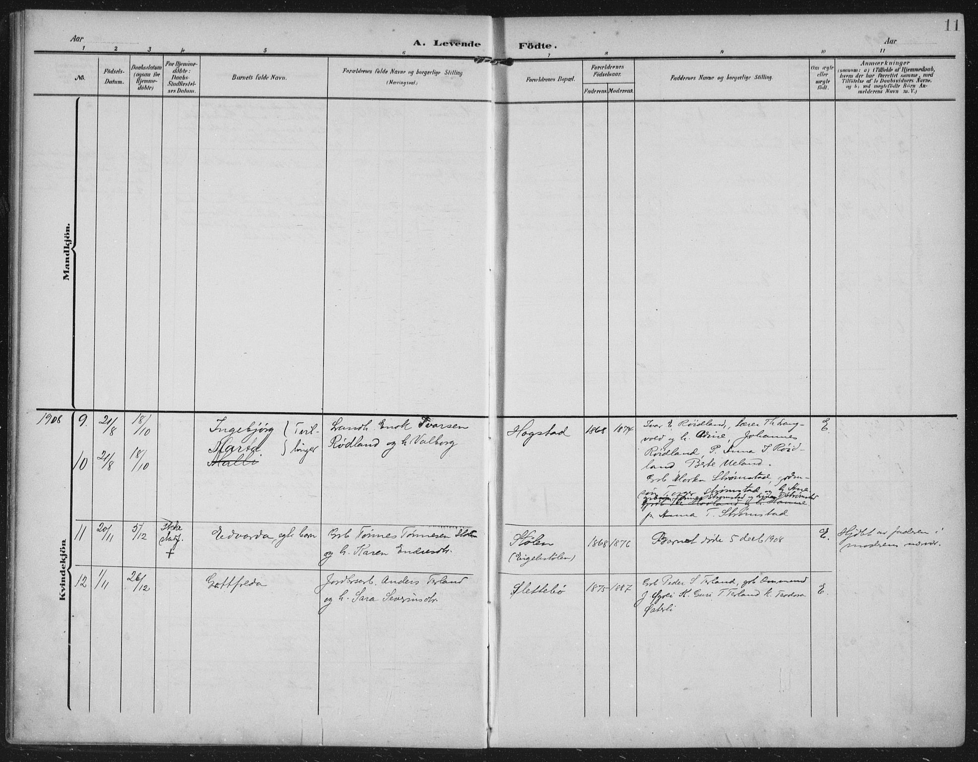 Helleland sokneprestkontor, AV/SAST-A-101810: Parish register (official) no. A 12, 1906-1923, p. 11