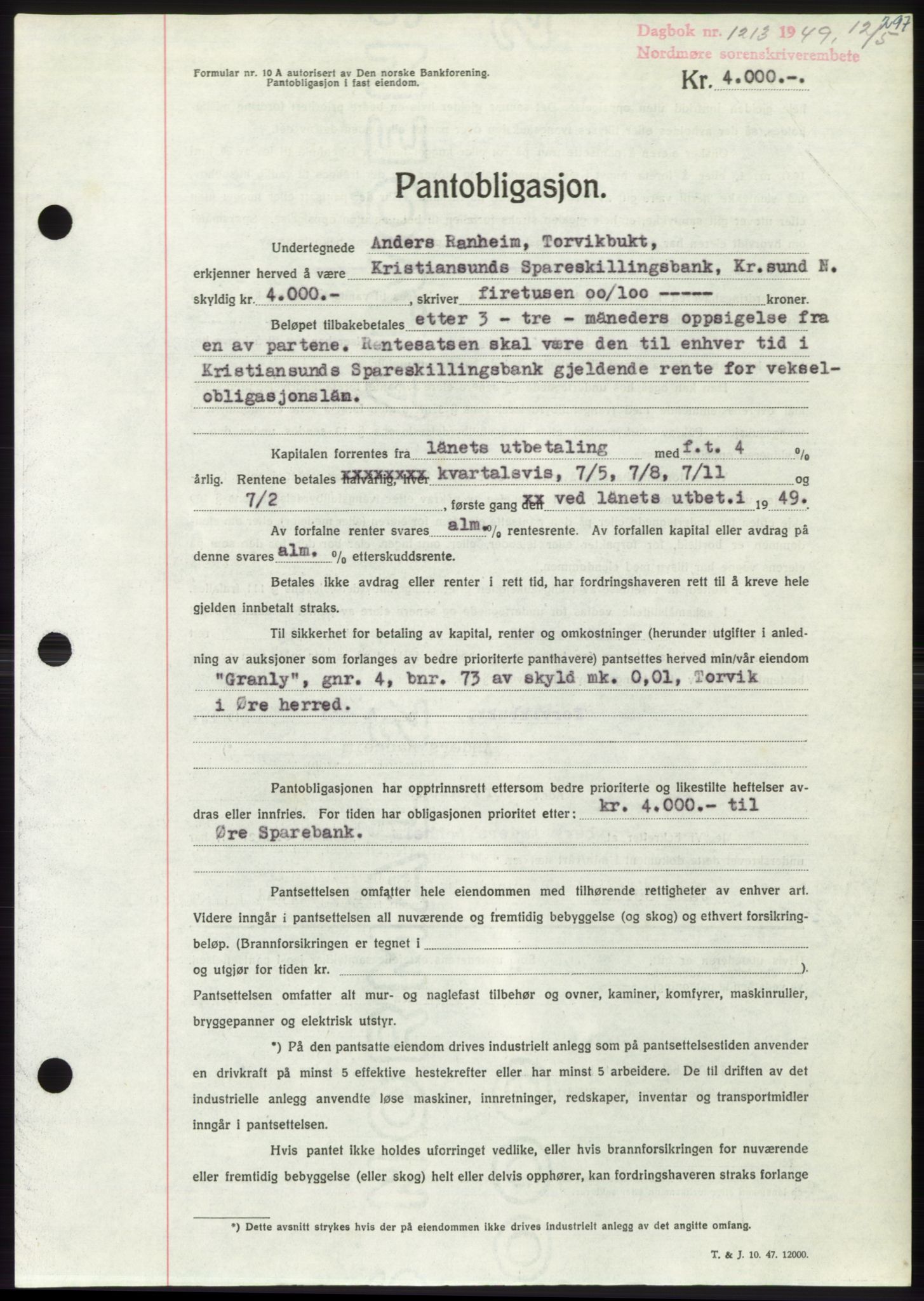 Nordmøre sorenskriveri, AV/SAT-A-4132/1/2/2Ca: Mortgage book no. B101, 1949-1949, Diary no: : 1213/1949