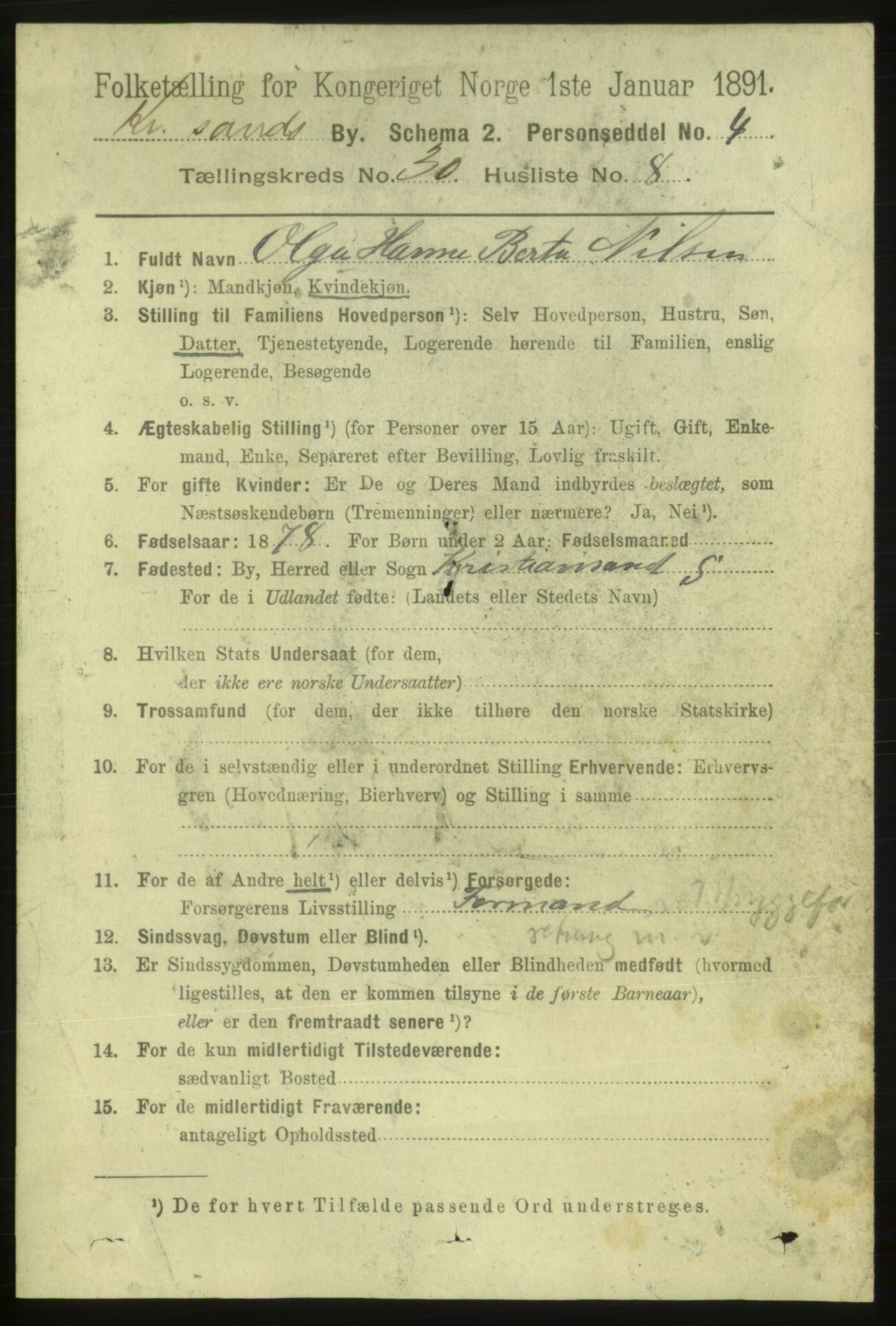 RA, 1891 census for 1001 Kristiansand, 1891, p. 9714