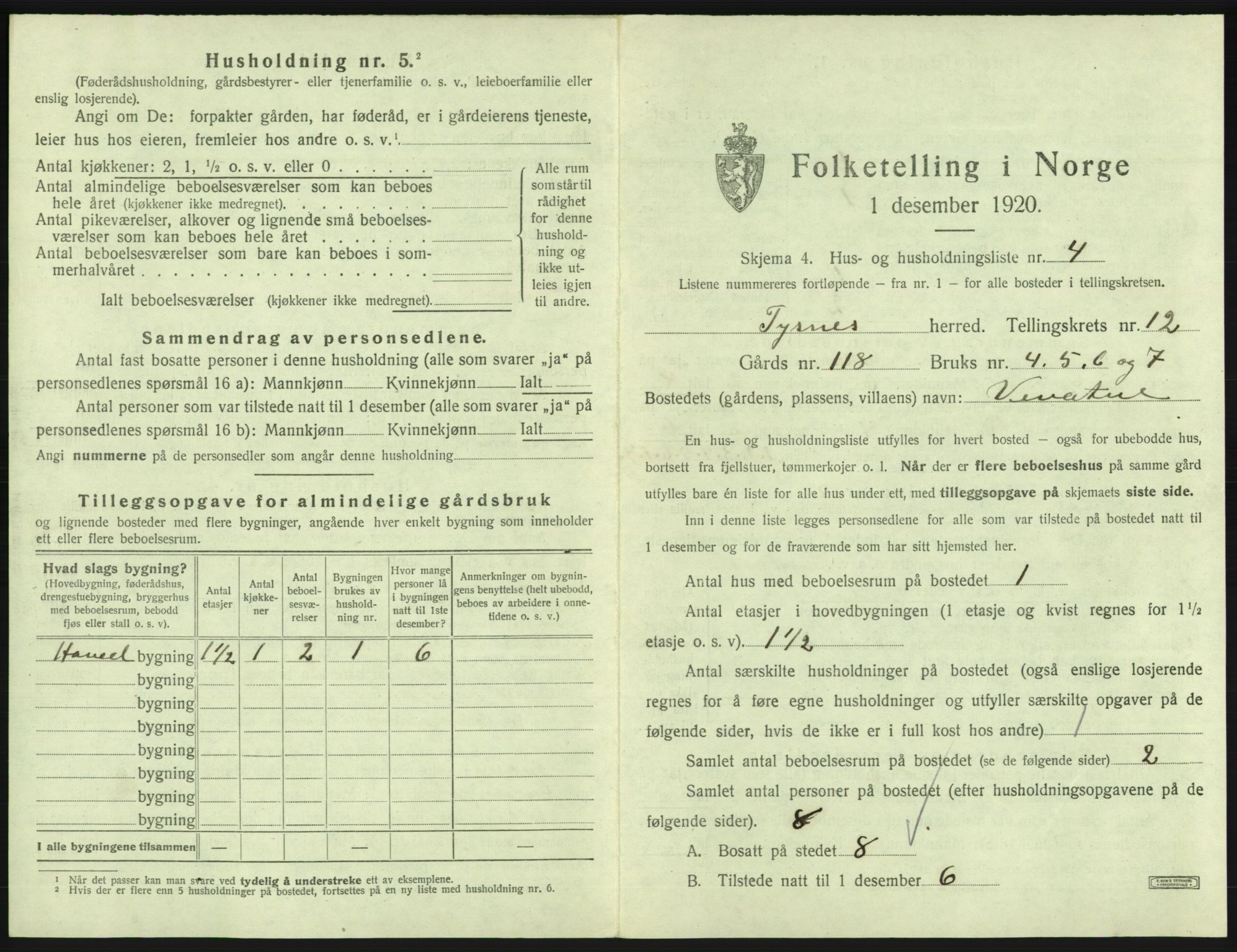 SAB, 1920 census for Tysnes, 1920, p. 1229