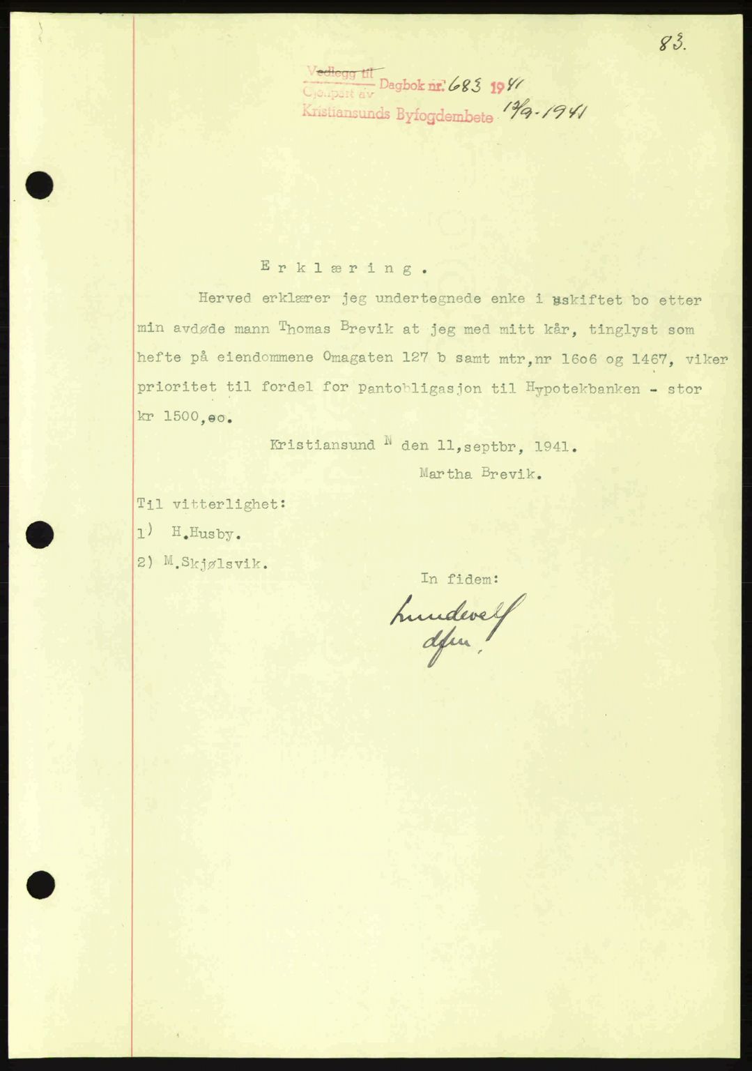 Kristiansund byfogd, AV/SAT-A-4587/A/27: Mortgage book no. 35, 1941-1942, Diary no: : 683/1941