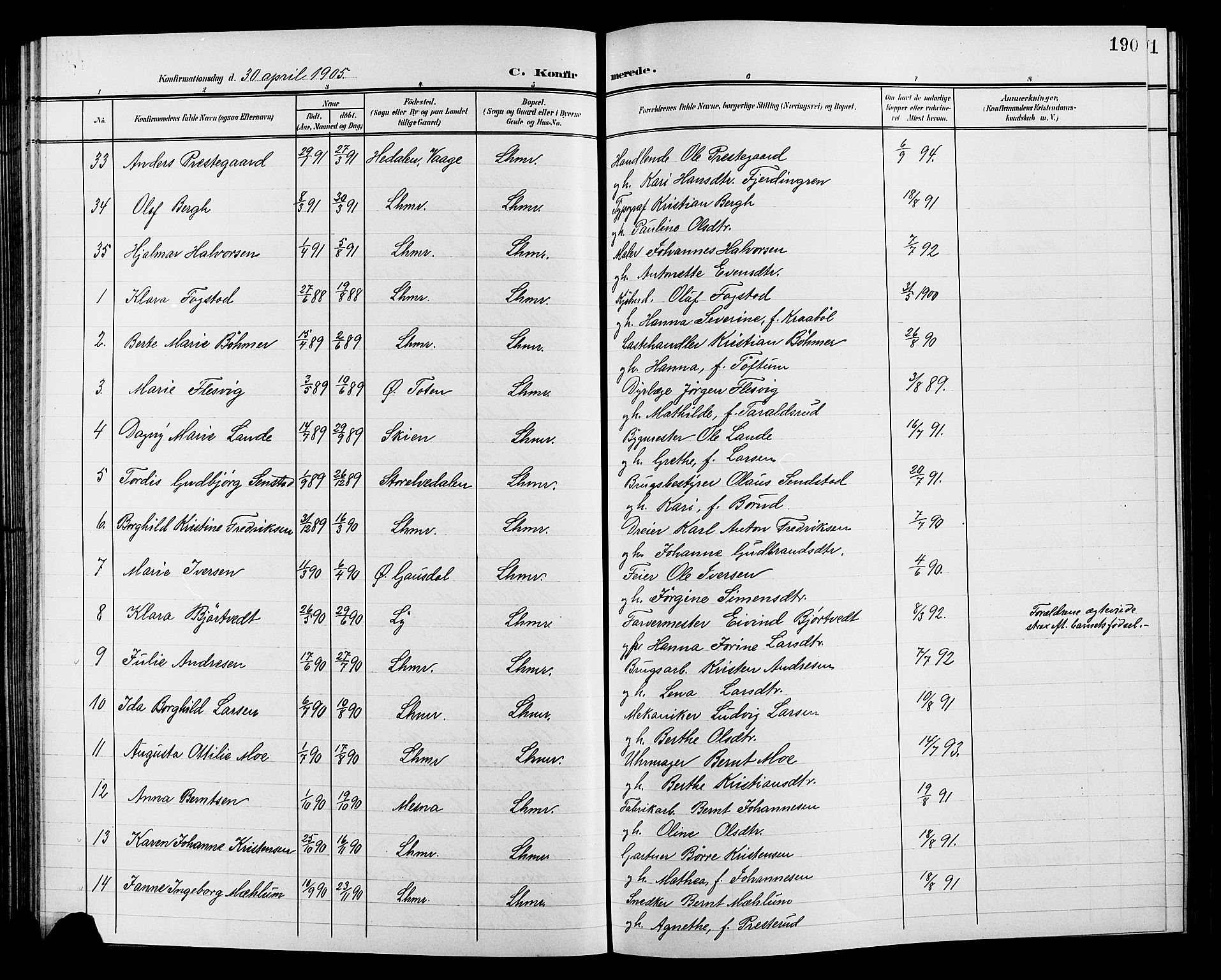 Lillehammer prestekontor, SAH/PREST-088/H/Ha/Hab/L0001: Parish register (copy) no. 1, 1901-1913, p. 190