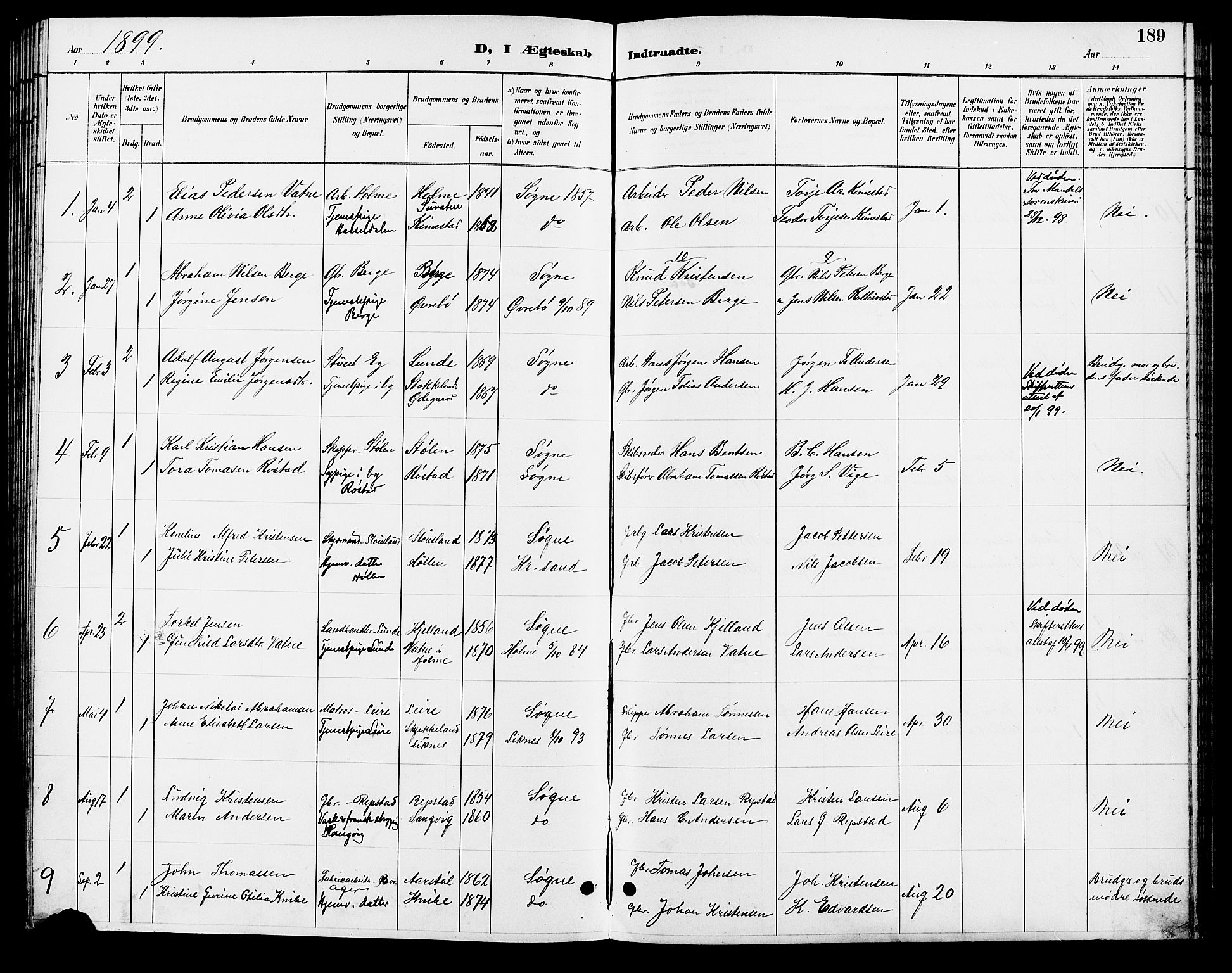 Søgne sokneprestkontor, AV/SAK-1111-0037/F/Fb/Fbb/L0006: Parish register (copy) no. B 6, 1892-1911, p. 189