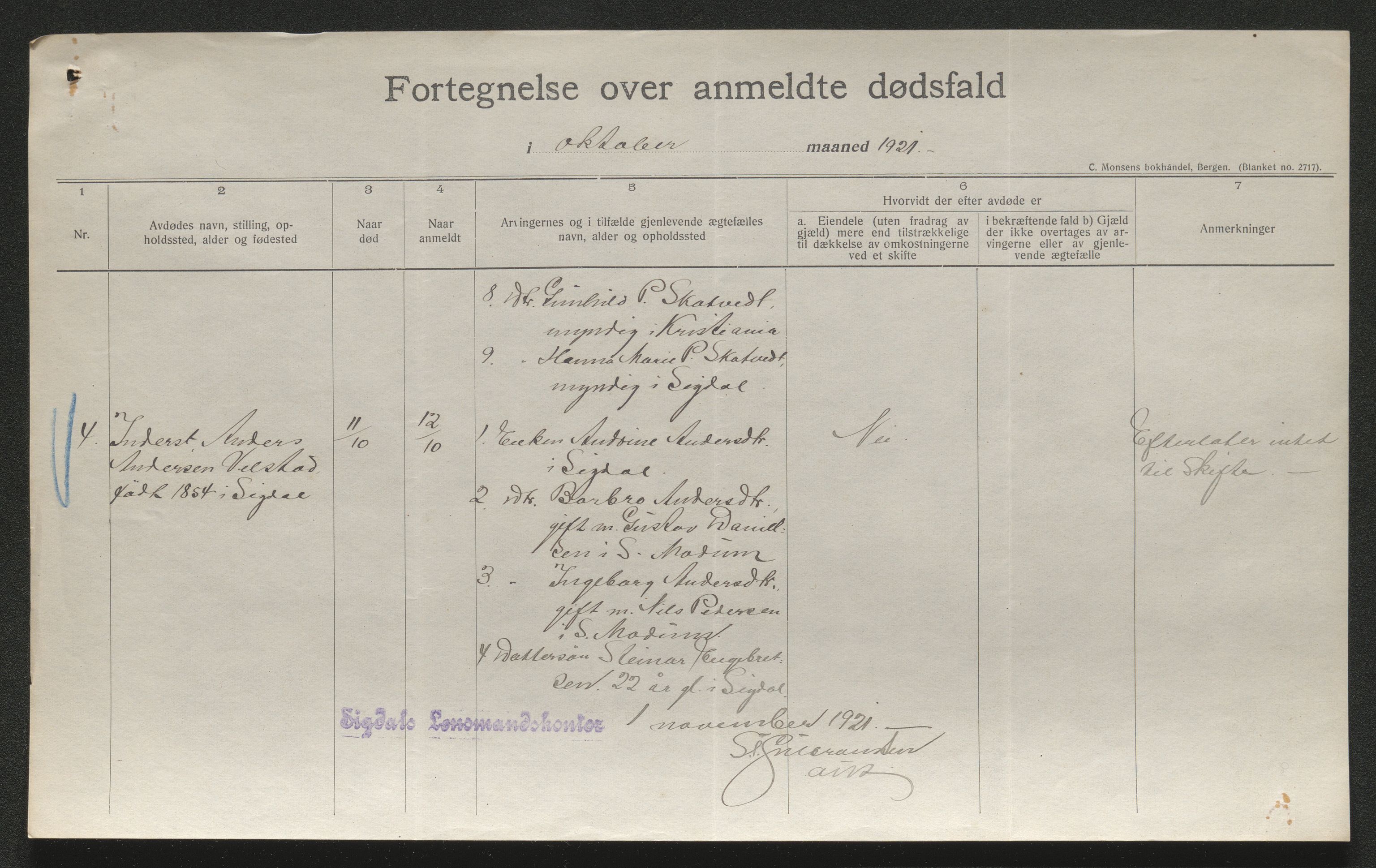 Eiker, Modum og Sigdal sorenskriveri, AV/SAKO-A-123/H/Ha/Hab/L0040: Dødsfallsmeldinger, 1920-1921, p. 1198