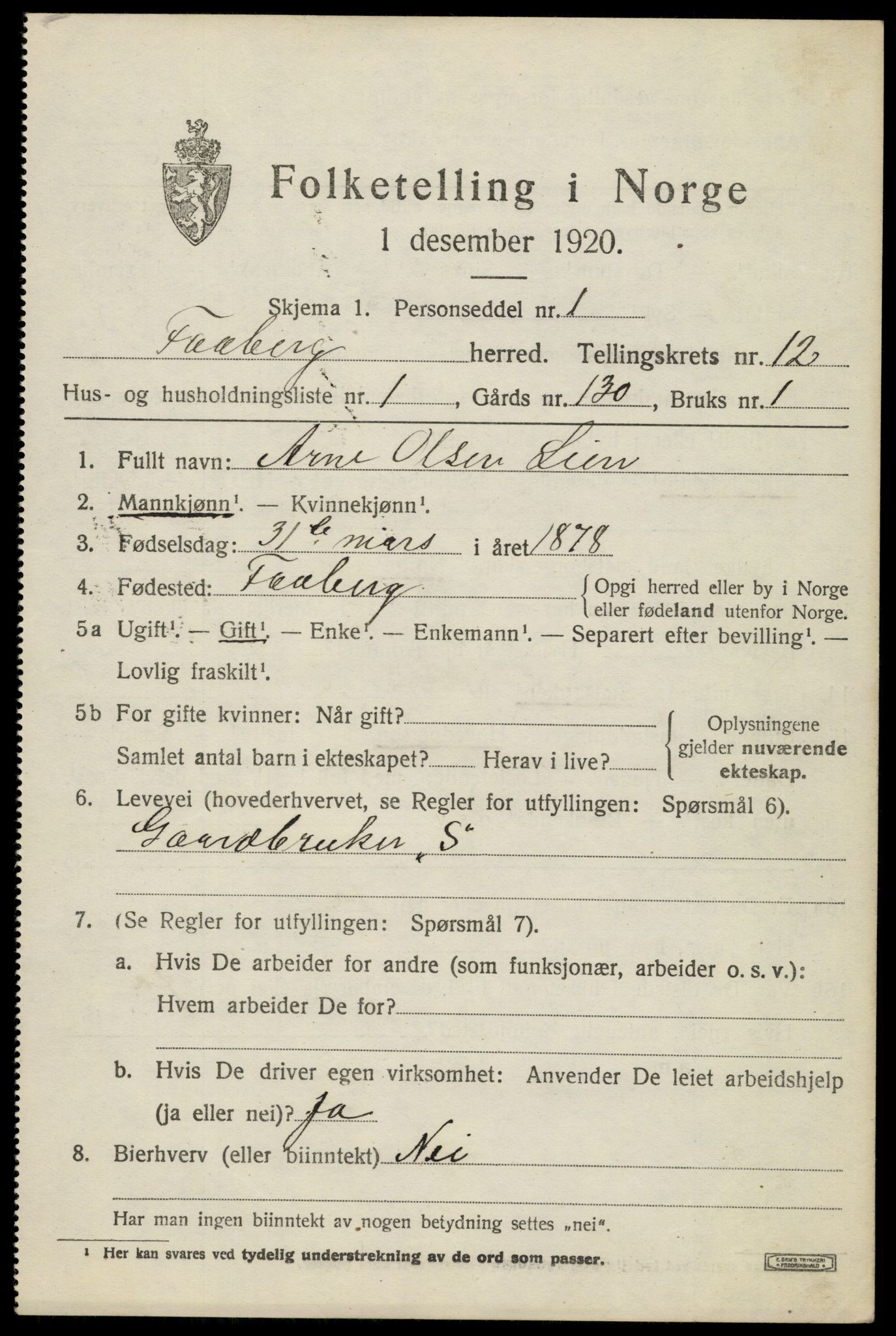 SAH, 1920 census for Fåberg, 1920, p. 12720