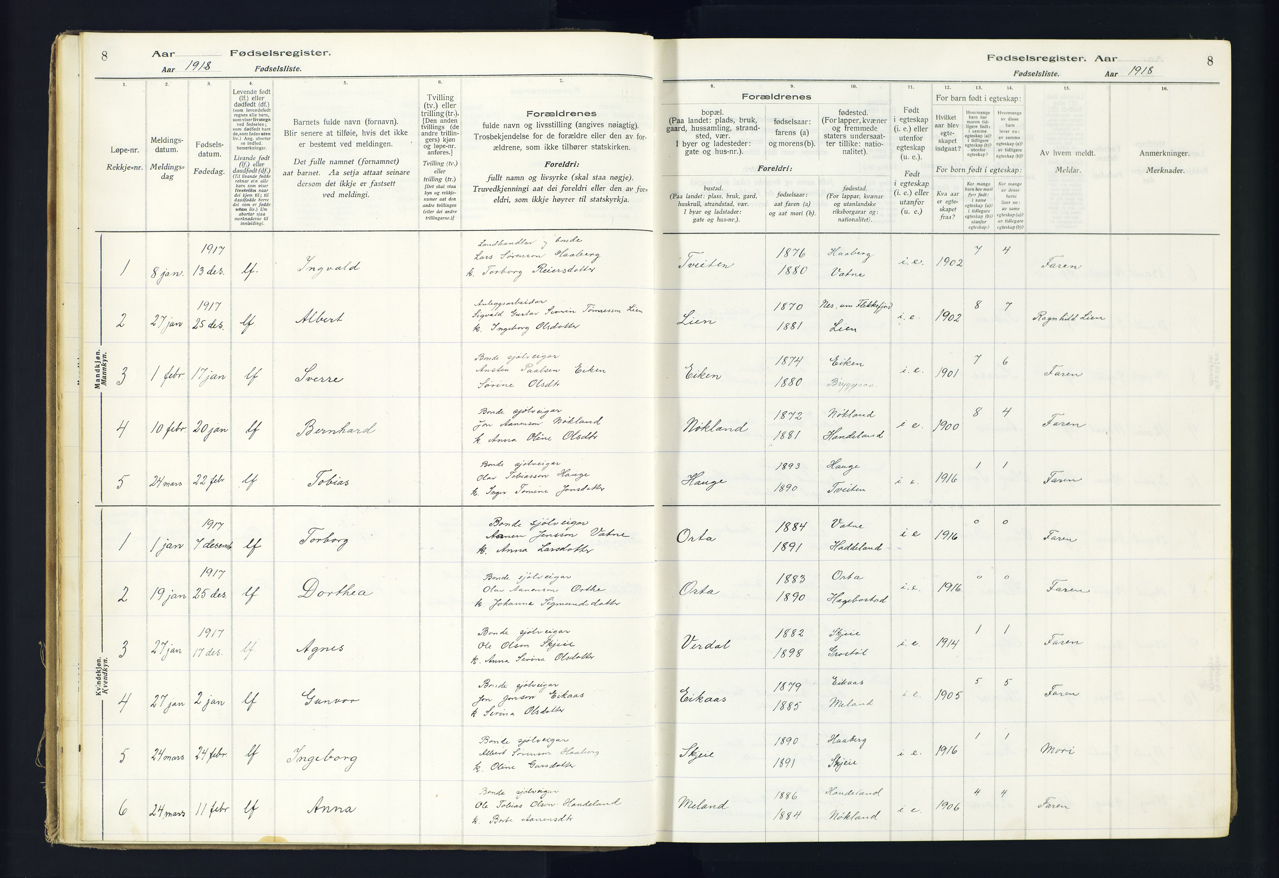 Hægebostad sokneprestkontor, AV/SAK-1111-0024/J/Ja/L0002: Birth register no. II.6.8, 1916-1982, p. 8