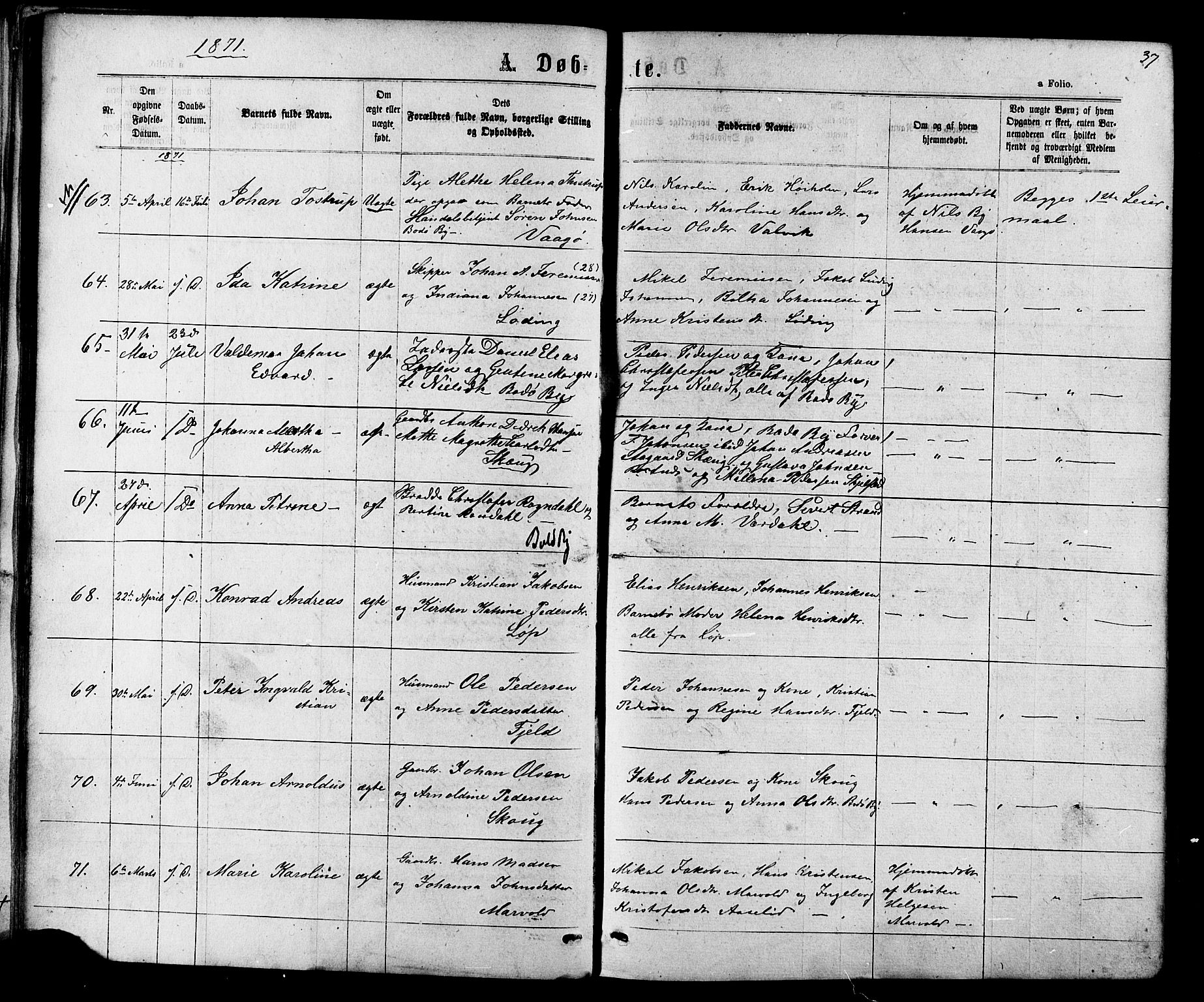 Ministerialprotokoller, klokkerbøker og fødselsregistre - Nordland, AV/SAT-A-1459/801/L0029: Parish register (copy) no. 801C04, 1868-1878, p. 37