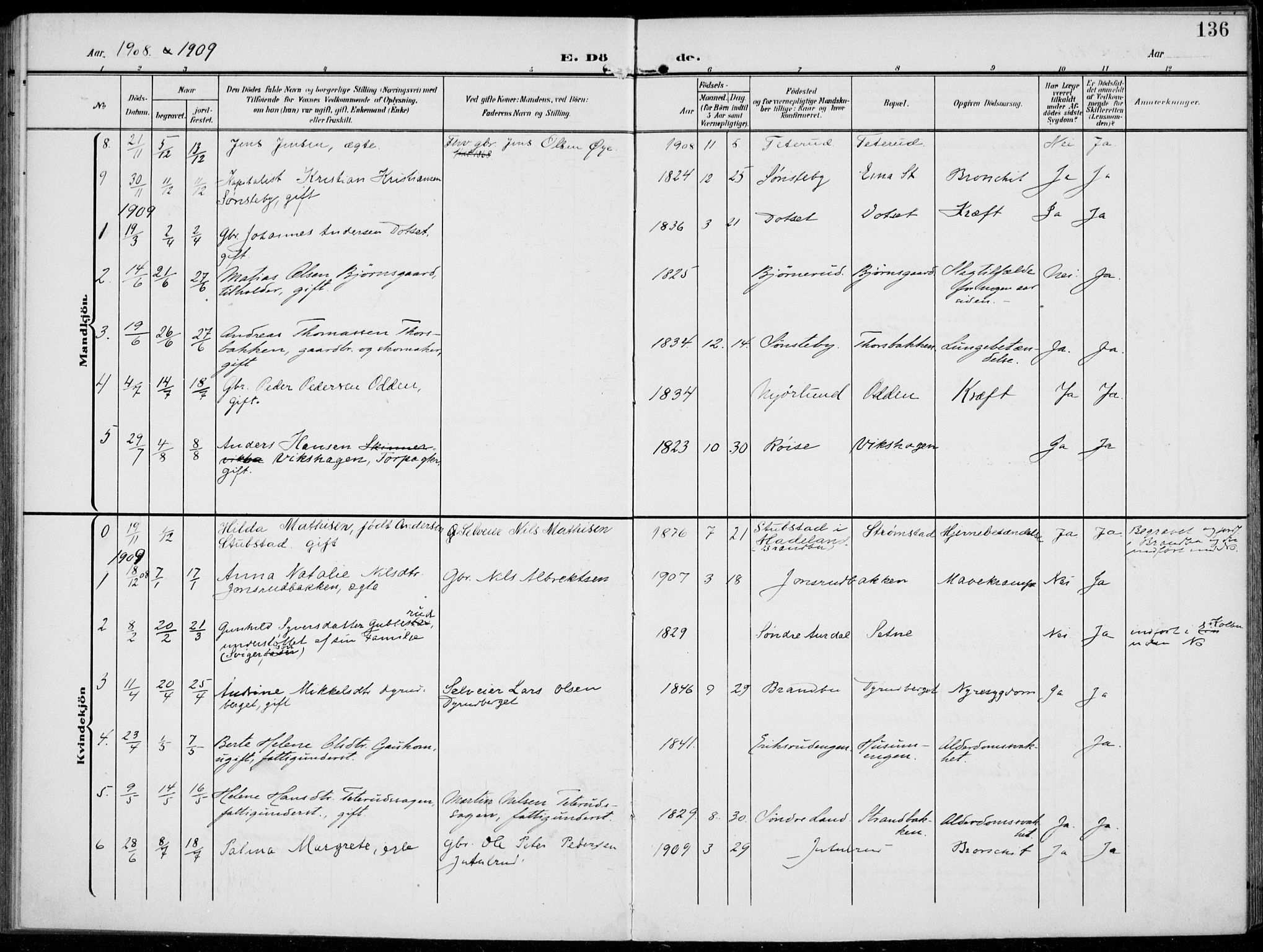 Kolbu prestekontor, SAH/PREST-110/H/Ha/Haa/L0001: Parish register (official) no. 1, 1907-1923, p. 136
