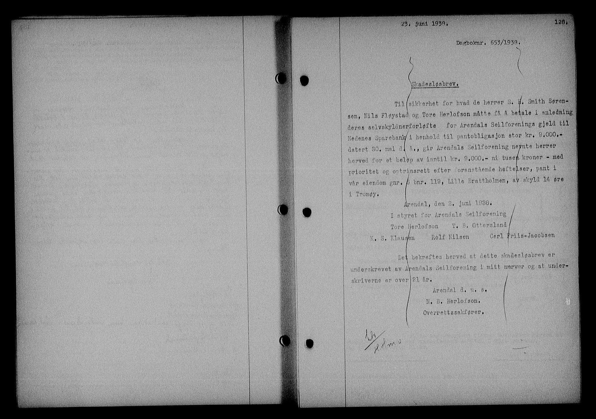 Nedenes sorenskriveri, AV/SAK-1221-0006/G/Gb/Gba/L0045: Mortgage book no. 41, 1938-1938, Diary no: : 653/1938