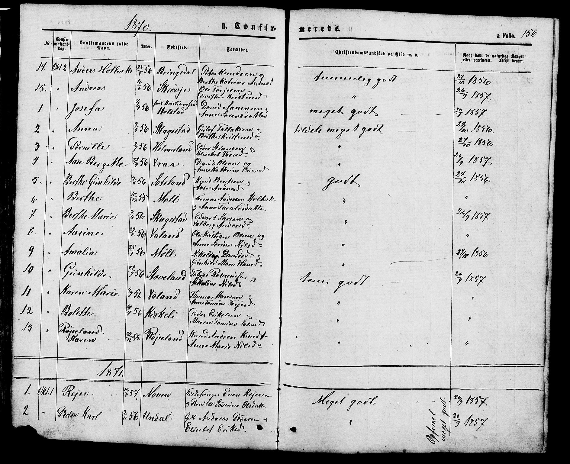 Holum sokneprestkontor, SAK/1111-0022/F/Fb/Fba/L0004: Parish register (copy) no. B 4, 1867-1890, p. 156