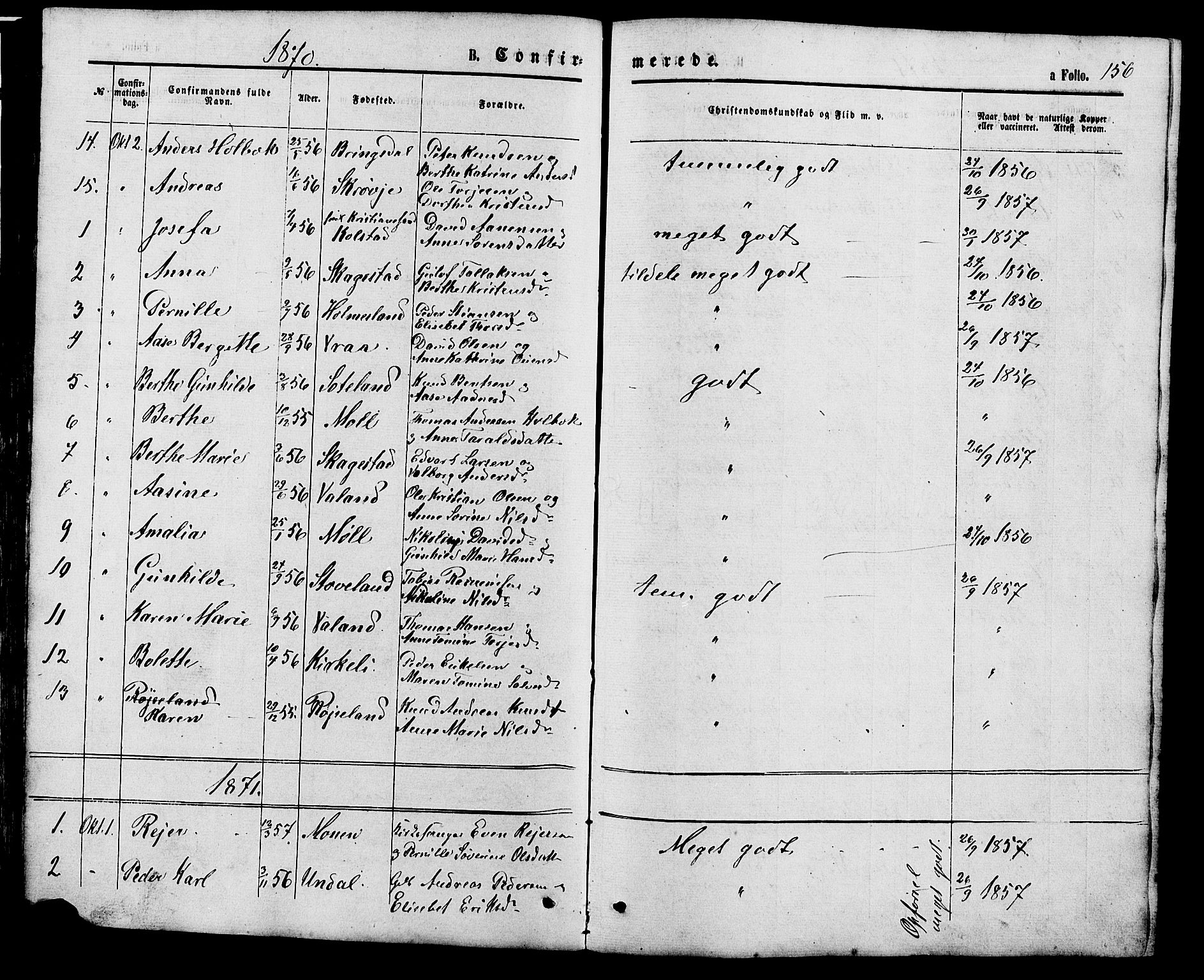 Holum sokneprestkontor, AV/SAK-1111-0022/F/Fb/Fba/L0004: Parish register (copy) no. B 4, 1867-1890, p. 156