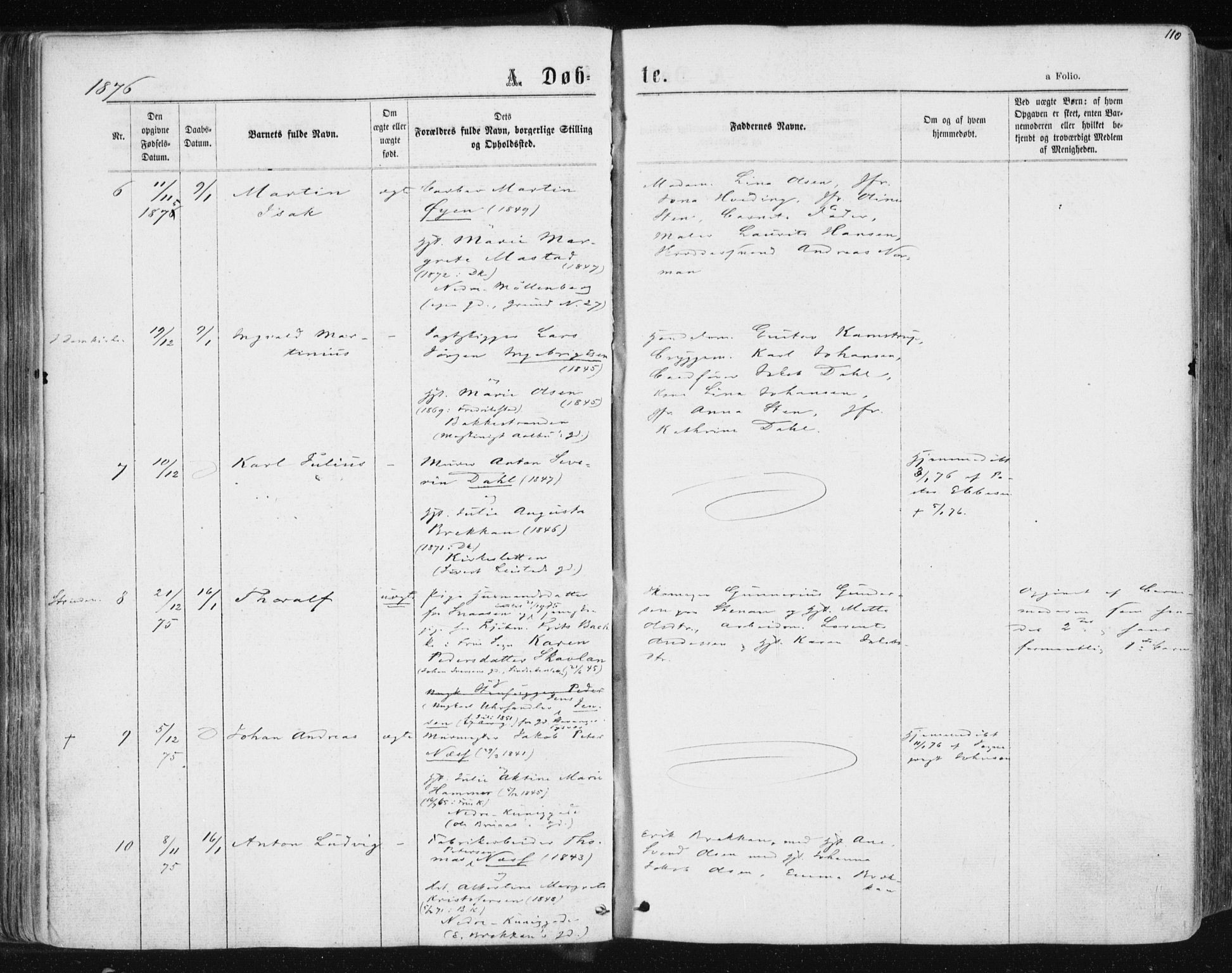 Ministerialprotokoller, klokkerbøker og fødselsregistre - Sør-Trøndelag, SAT/A-1456/604/L0186: Parish register (official) no. 604A07, 1866-1877, p. 110