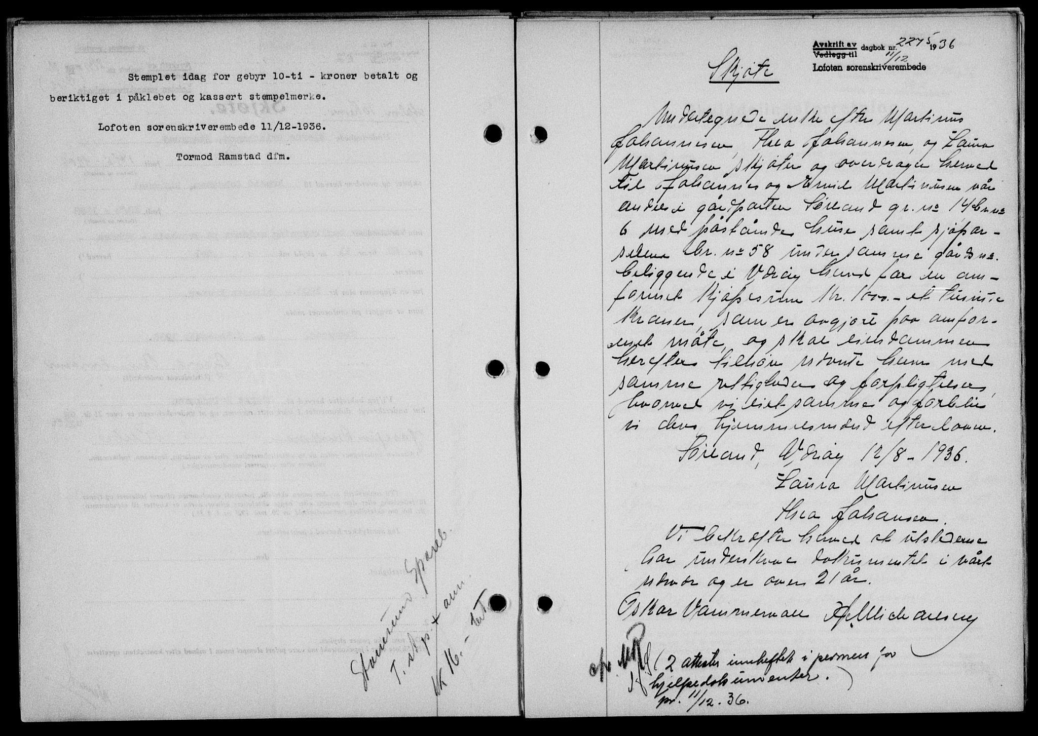 Lofoten sorenskriveri, SAT/A-0017/1/2/2C/L0001a: Mortgage book no. 1a, 1936-1937, Diary no: : 2275/1936