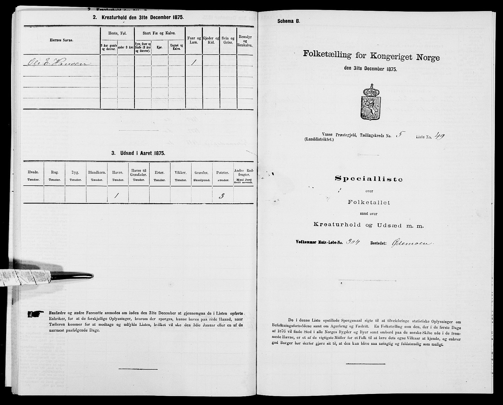 SAK, 1875 census for 1041L Vanse/Vanse og Farsund, 1875, p. 845