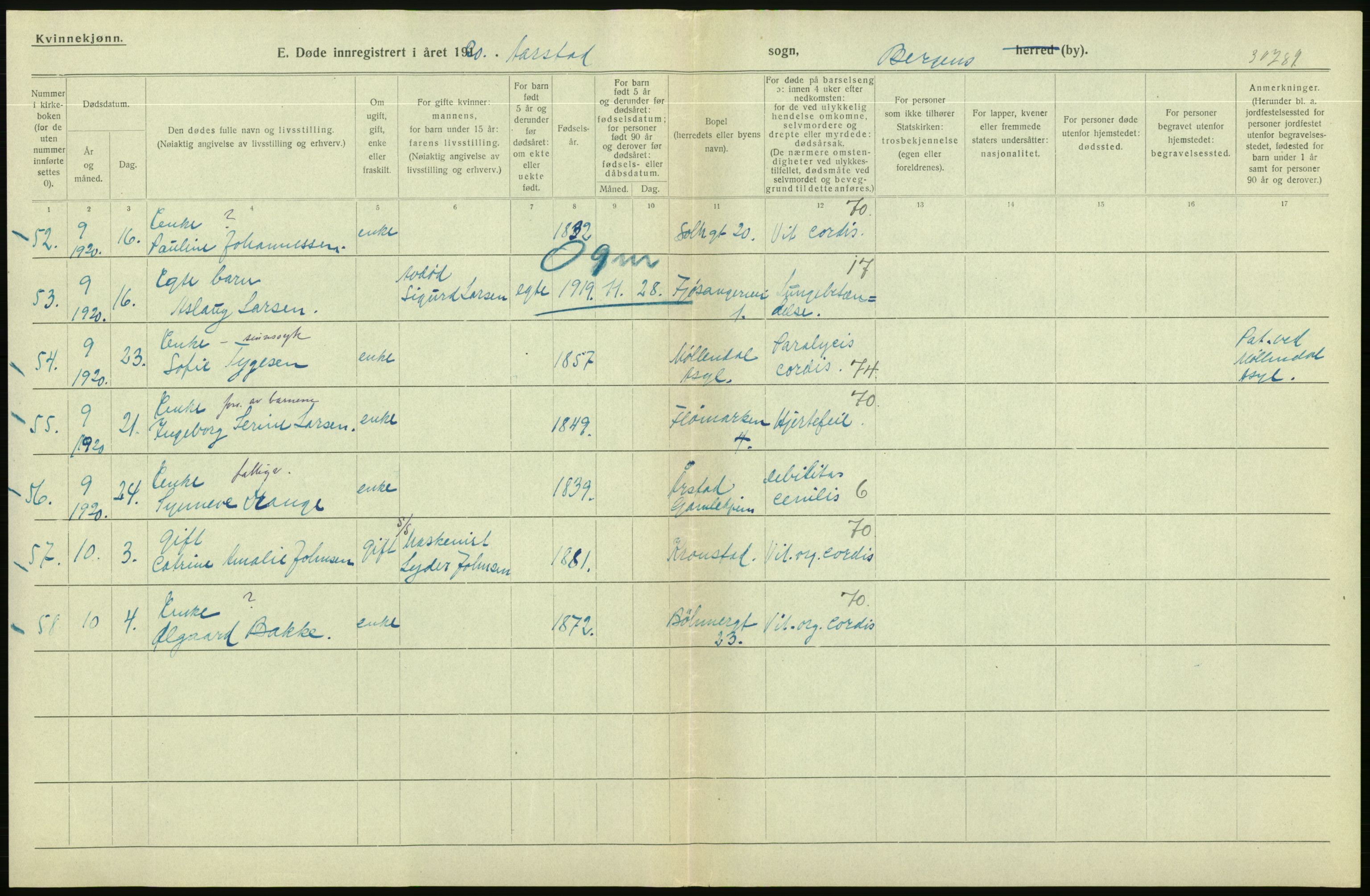 Statistisk sentralbyrå, Sosiodemografiske emner, Befolkning, AV/RA-S-2228/D/Df/Dfb/Dfbj/L0042: Bergen: Gifte, døde, dødfødte., 1920, p. 434