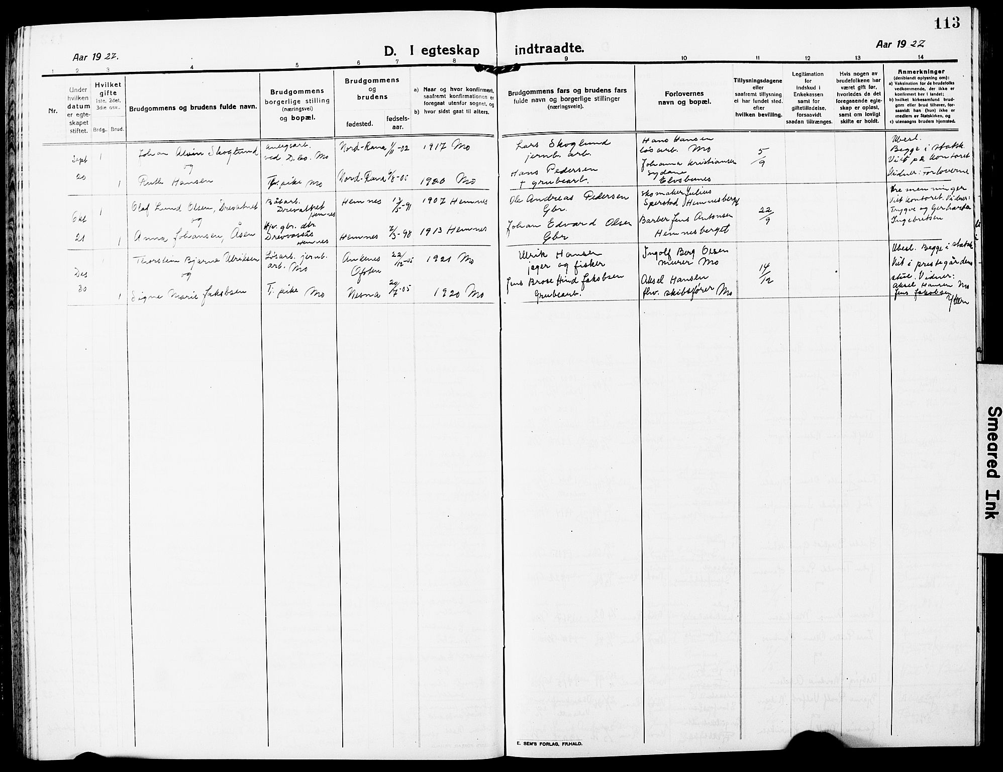 Ministerialprotokoller, klokkerbøker og fødselsregistre - Nordland, AV/SAT-A-1459/827/L0424: Parish register (copy) no. 827C13, 1921-1930, p. 113