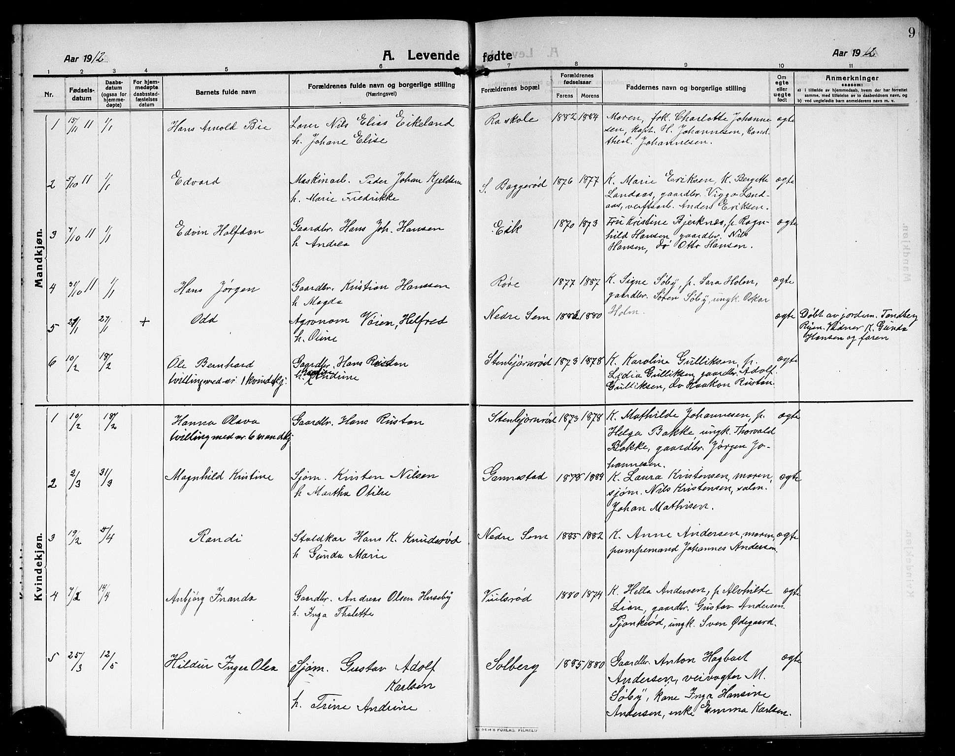 Borre kirkebøker, AV/SAKO-A-338/G/Ga/L0006: Parish register (copy) no. I 6, 1911-1919, p. 9