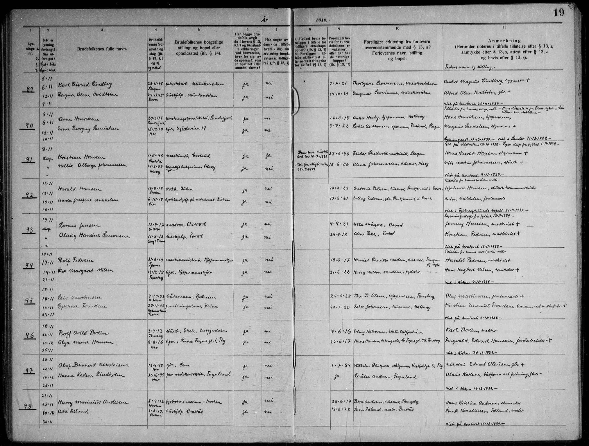 Nøtterøy kirkebøker, AV/SAKO-A-354/H/Ha/L0002: Banns register no. 2, 1937-1952, p. 19