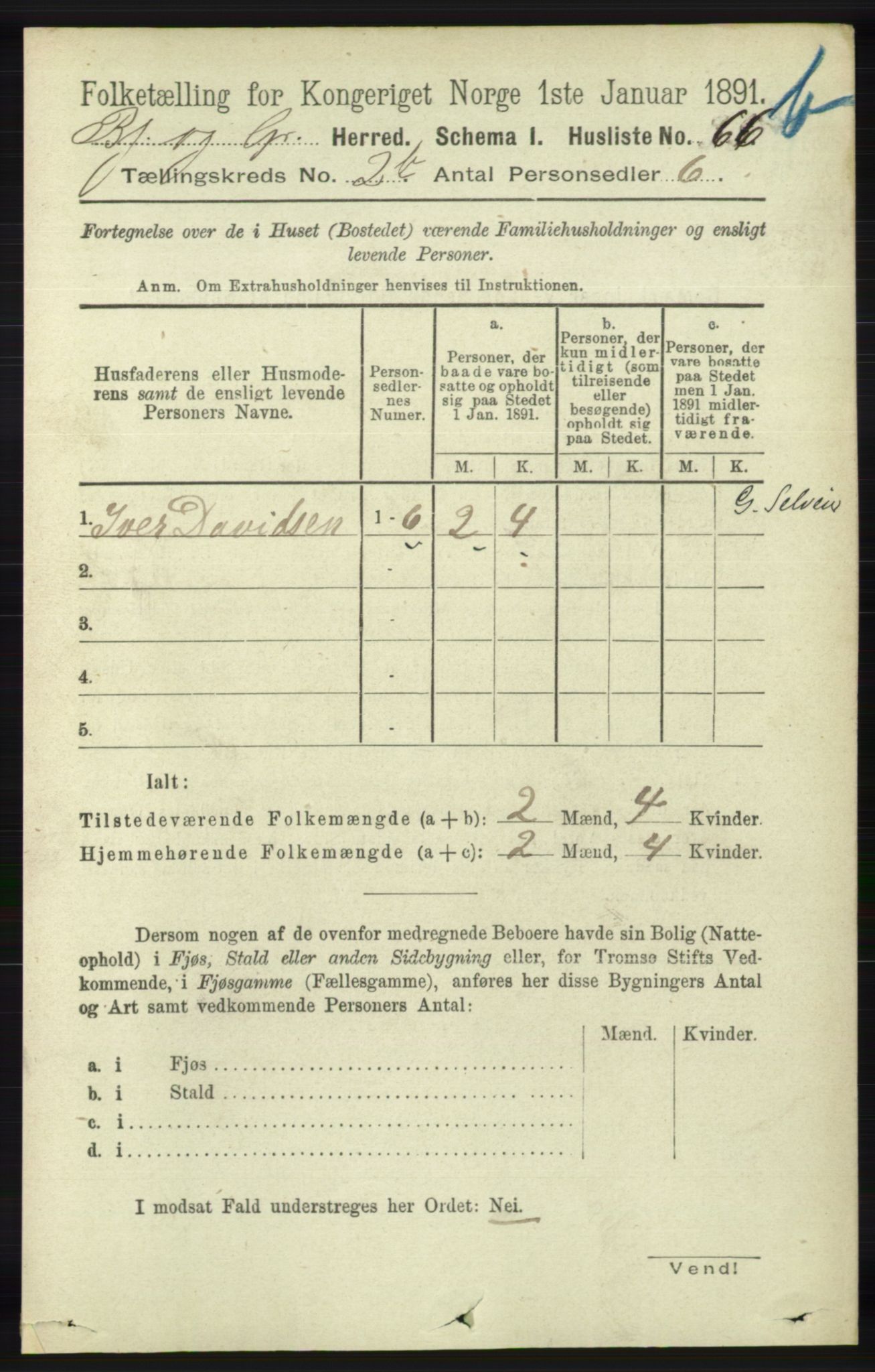 RA, 1891 census for 1024 Bjelland og Grindheim, 1891, p. 309