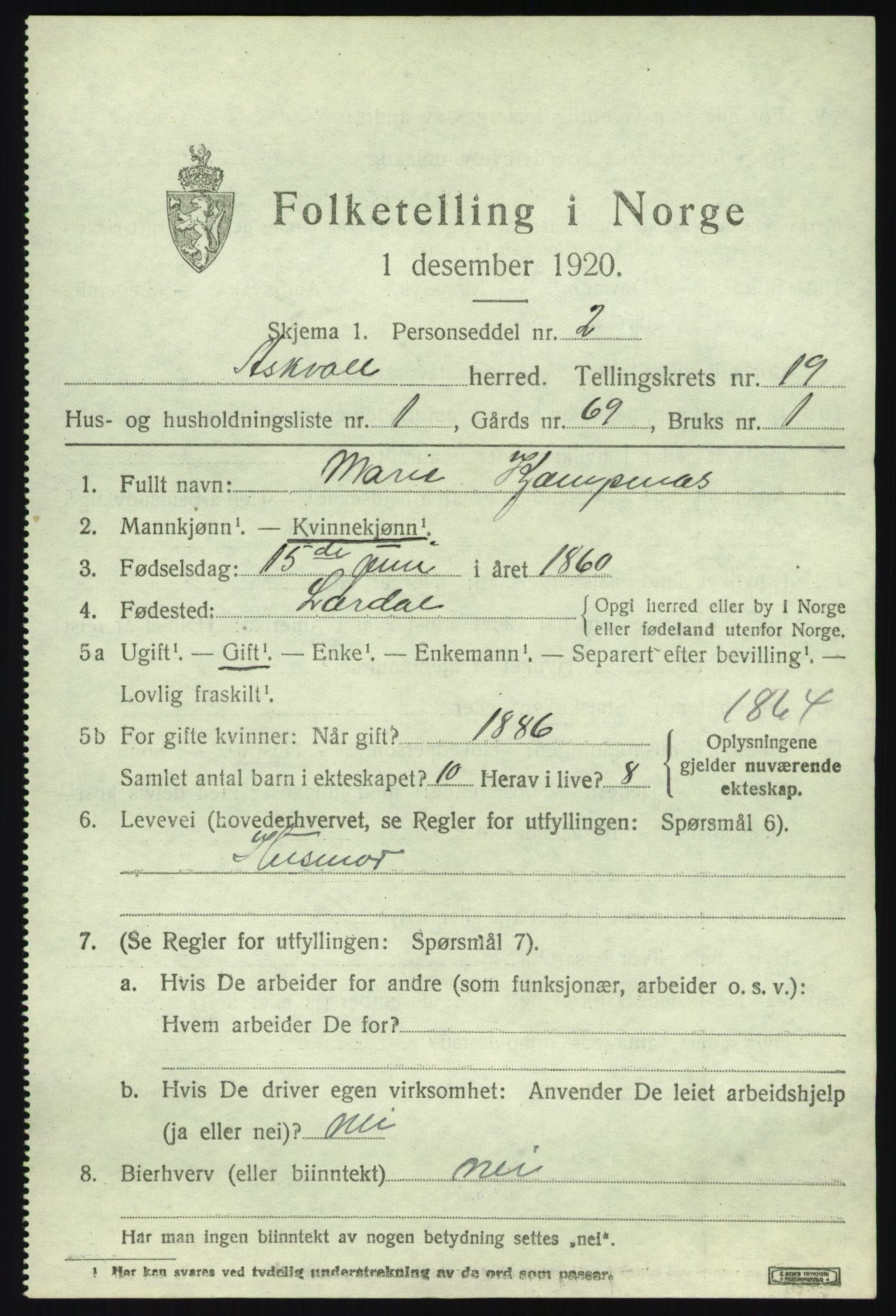 SAB, 1920 census for Askvoll, 1920, p. 6988