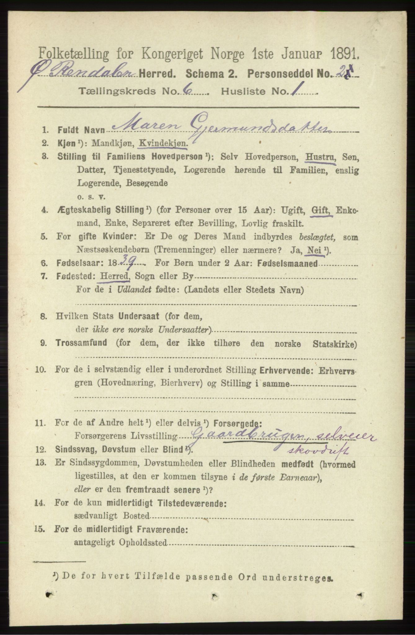 RA, 1891 census for 0433 Øvre Rendal, 1891, p. 1599