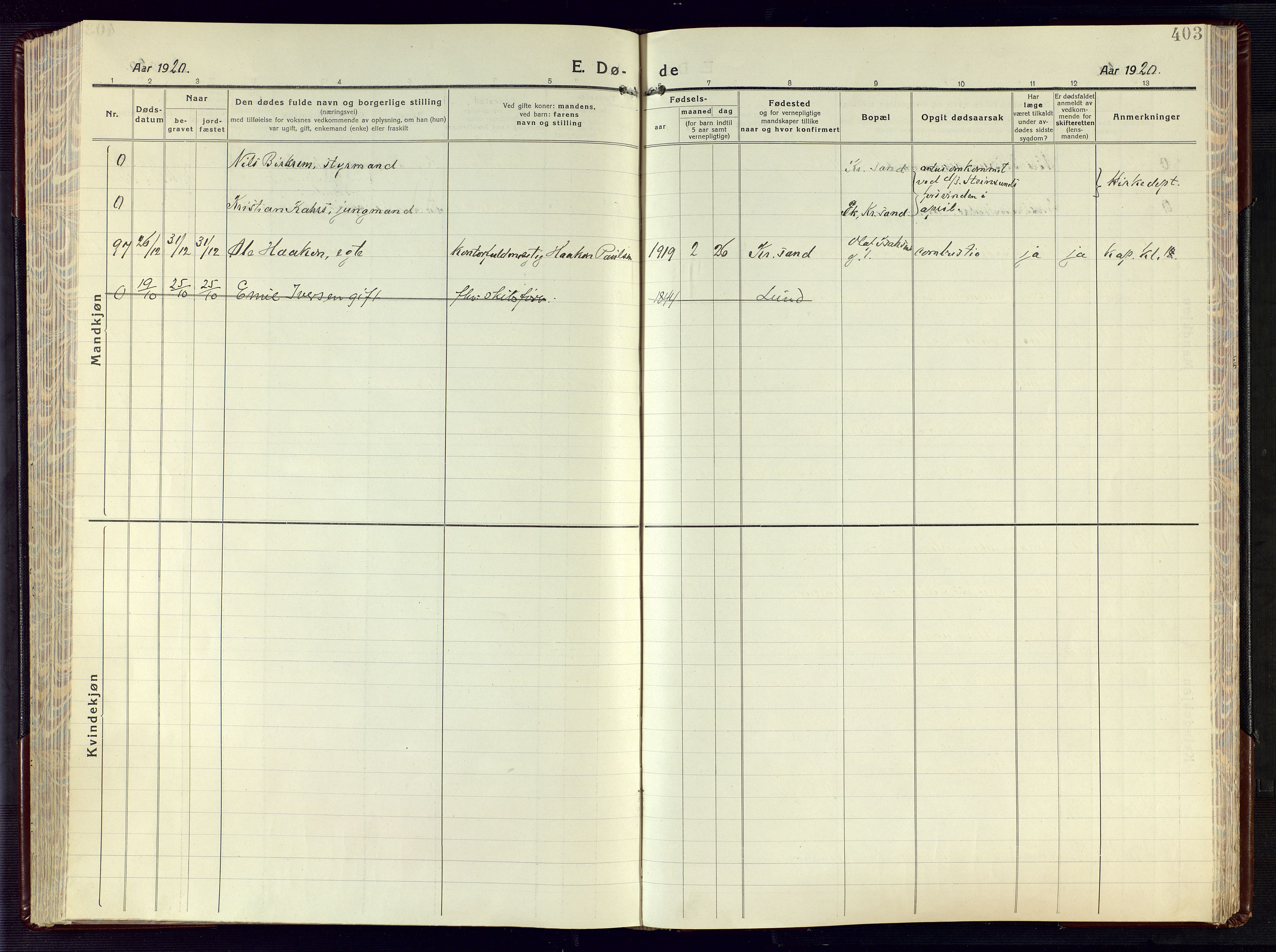 Kristiansand domprosti, AV/SAK-1112-0006/F/Fa/L0028: Parish register (official) no. A 27, 1917-1926, p. 403