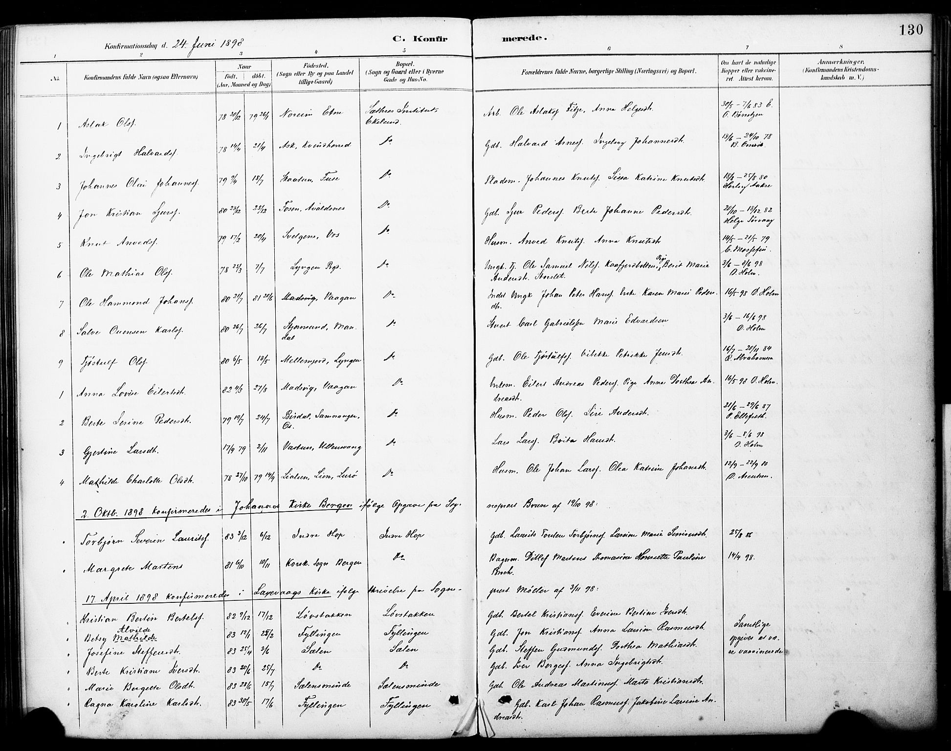 Fana Sokneprestembete, AV/SAB-A-75101/H/Haa/Haai/L0002: Parish register (official) no. I 2, 1888-1899, p. 130