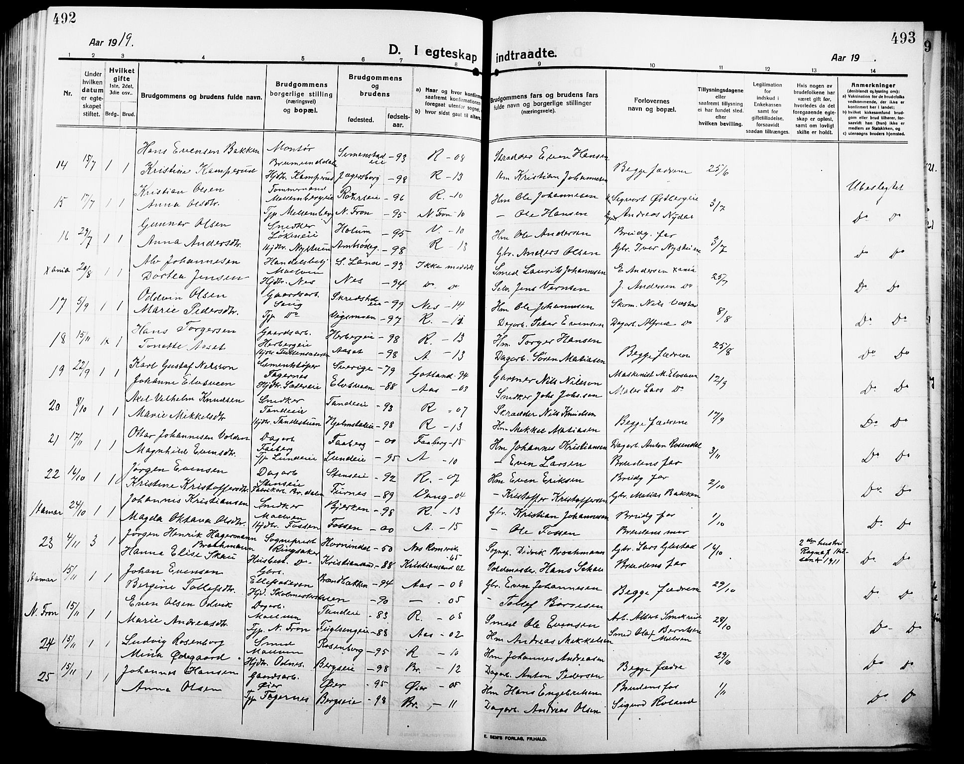 Ringsaker prestekontor, AV/SAH-PREST-014/L/La/L0018: Parish register (copy) no. 18, 1913-1922, p. 492-493