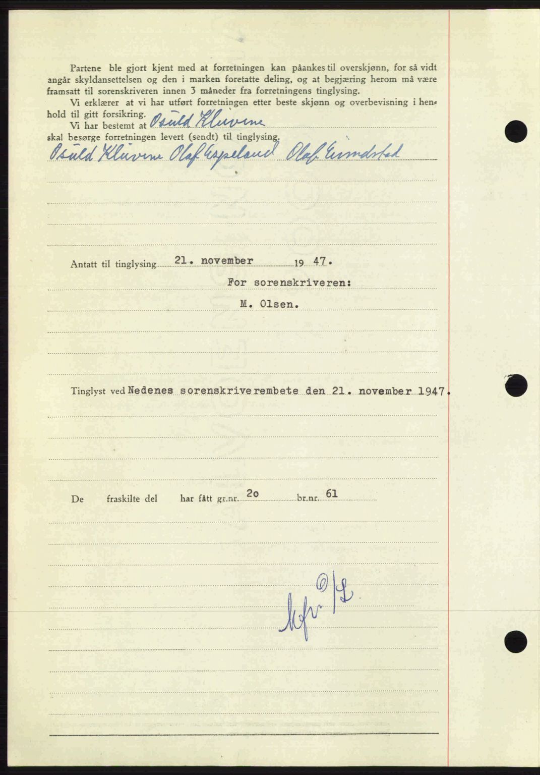 Nedenes sorenskriveri, AV/SAK-1221-0006/G/Gb/Gba/L0058: Mortgage book no. A10, 1947-1948, Diary no: : 1736/1947