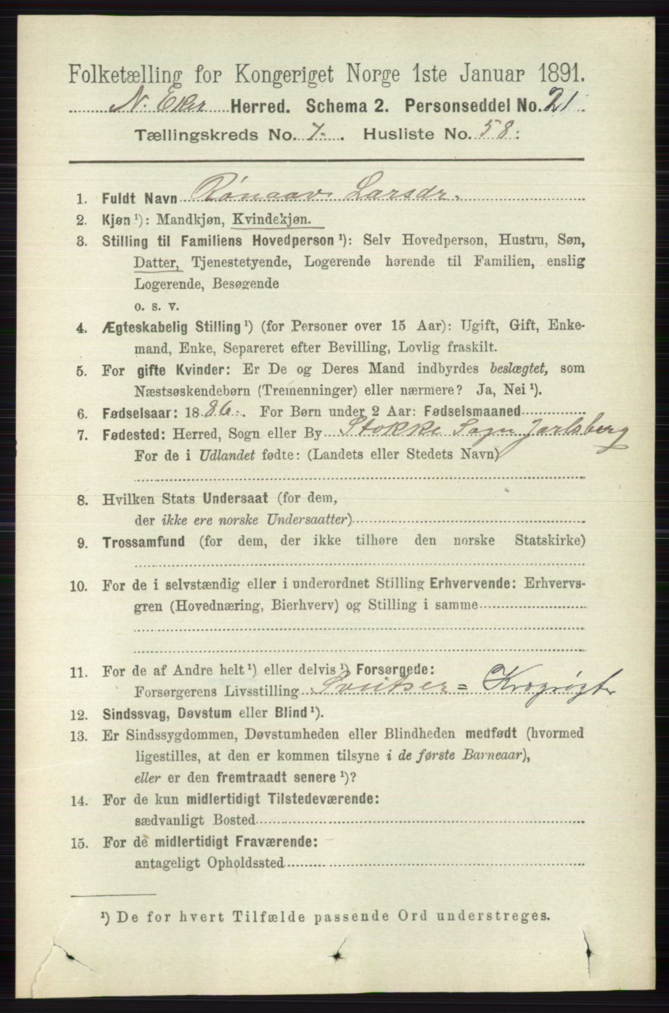 RA, 1891 census for 0625 Nedre Eiker, 1891, p. 3836