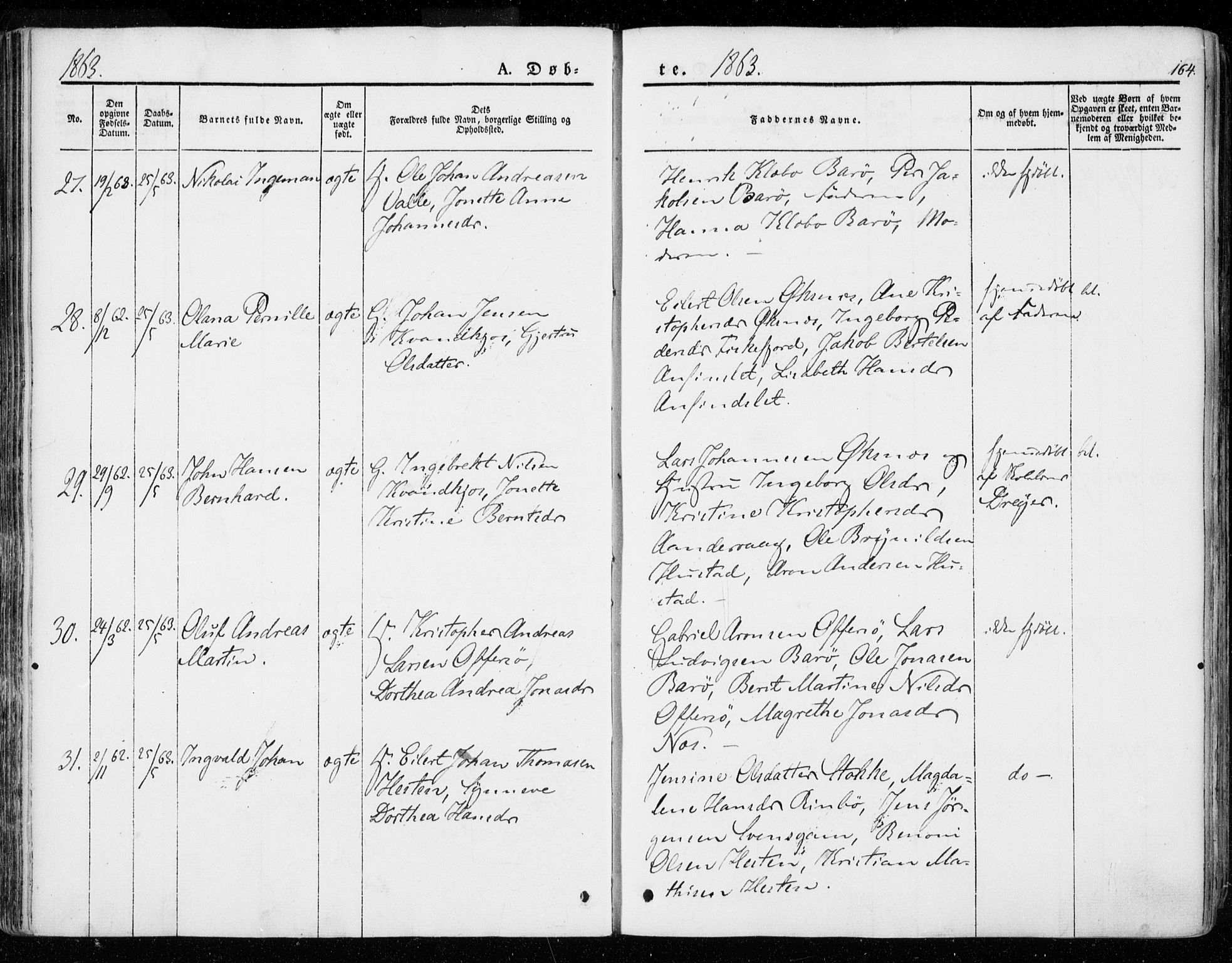 Ministerialprotokoller, klokkerbøker og fødselsregistre - Nordland, AV/SAT-A-1459/872/L1033: Parish register (official) no. 872A08, 1840-1863, p. 164