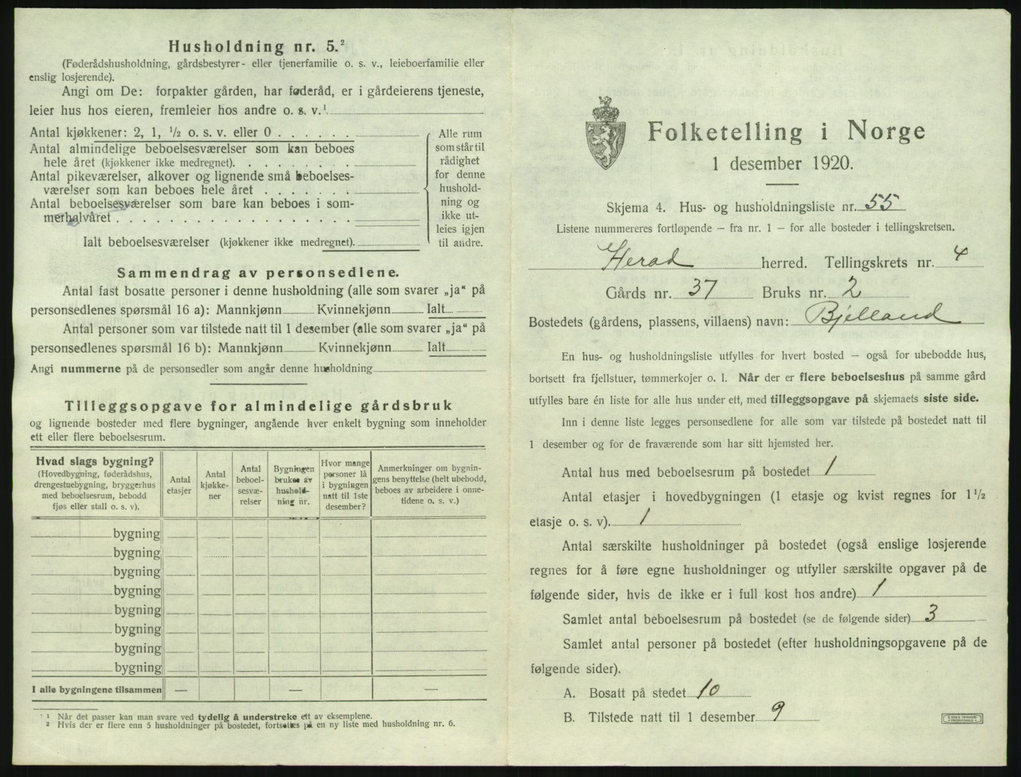 SAK, 1920 census for Herad, 1920, p. 422