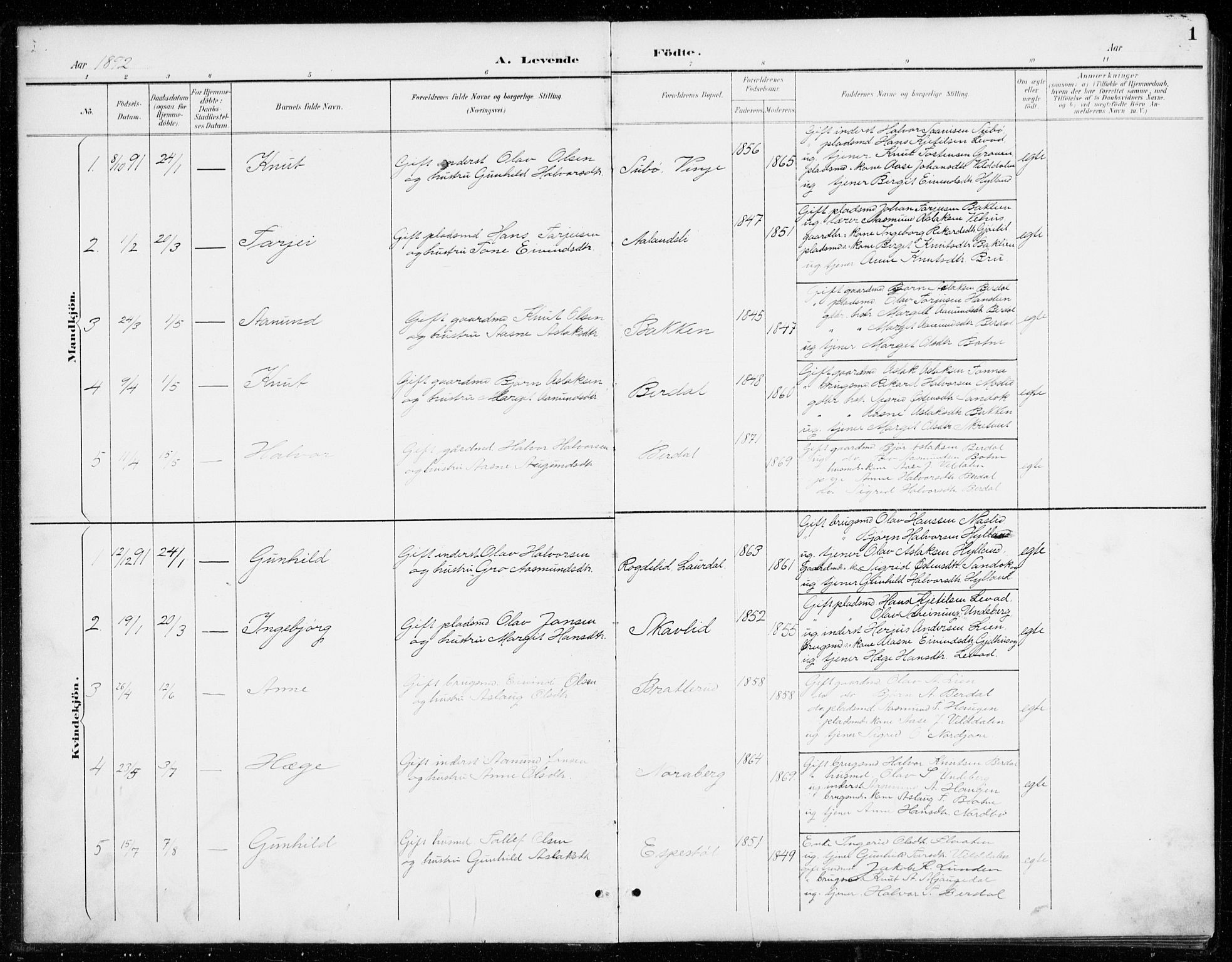Vinje kirkebøker, SAKO/A-312/G/Gb/L0003: Parish register (copy) no. II 3, 1892-1943, p. 1