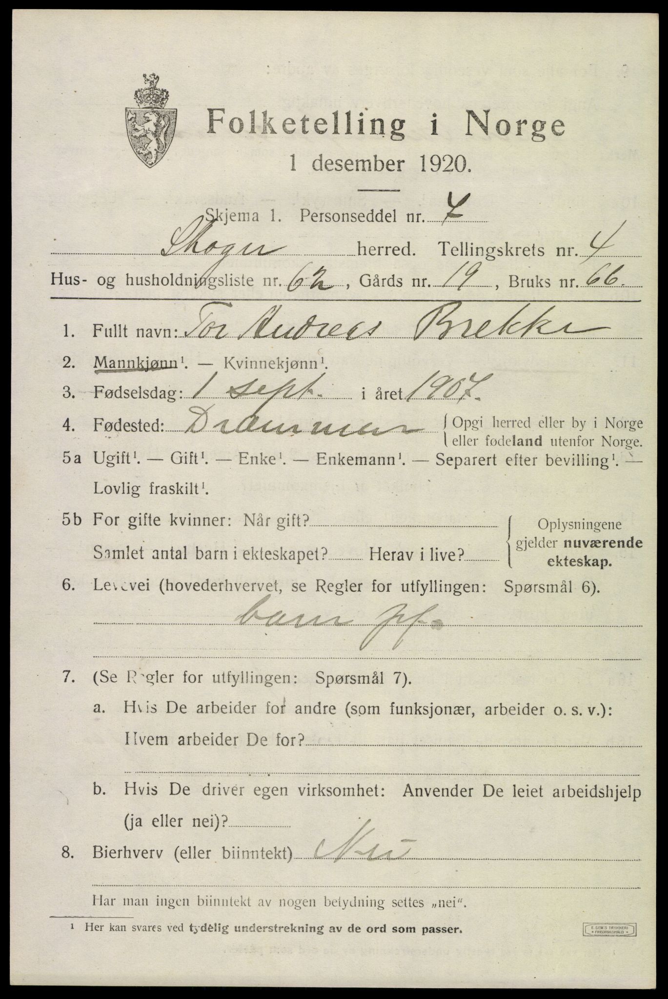 SAKO, 1920 census for Skoger, 1920, p. 10873