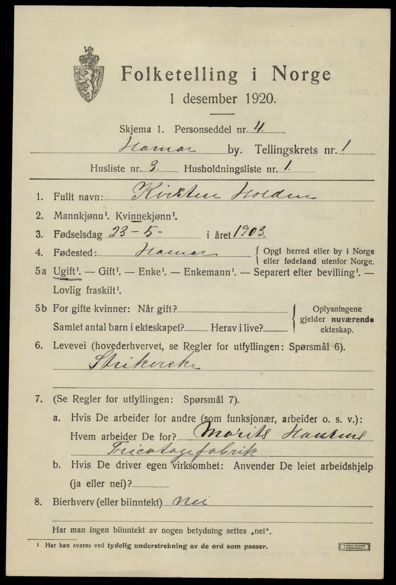 SAH, 1920 census for Hamar, 1920, p. 4183