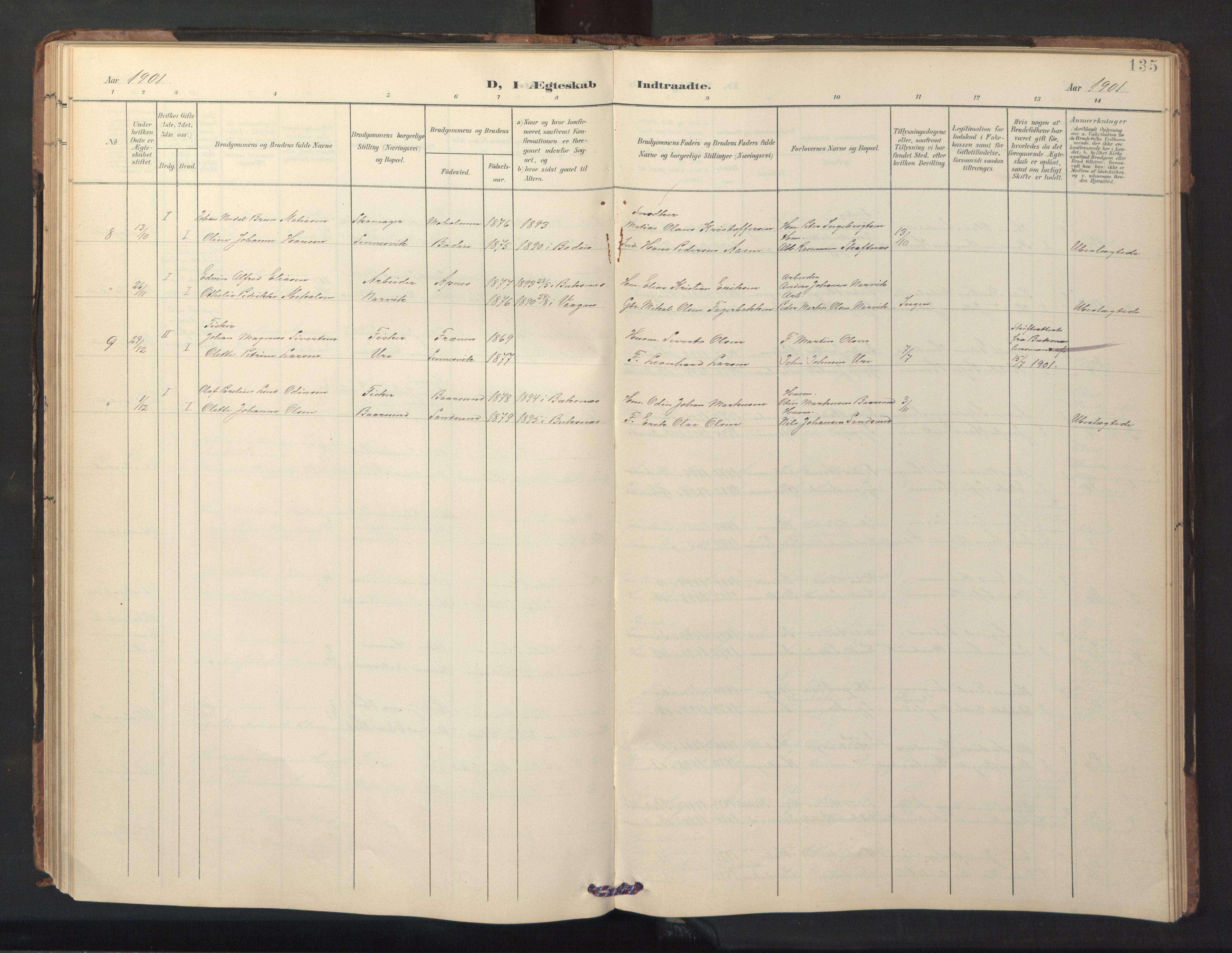 Ministerialprotokoller, klokkerbøker og fødselsregistre - Nordland, AV/SAT-A-1459/882/L1185: Parish register (copy) no. 882C03, 1898-1910, p. 135