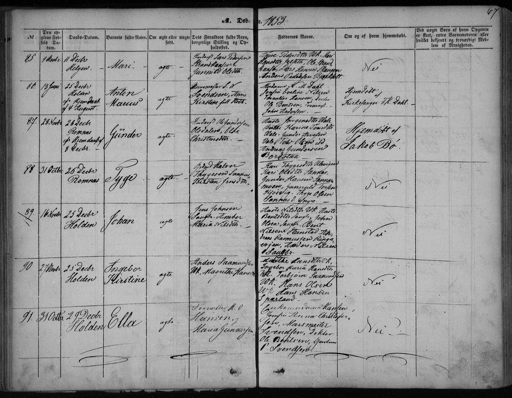 Holla kirkebøker, AV/SAKO-A-272/F/Fa/L0005: Parish register (official) no. 5, 1849-1860, p. 67