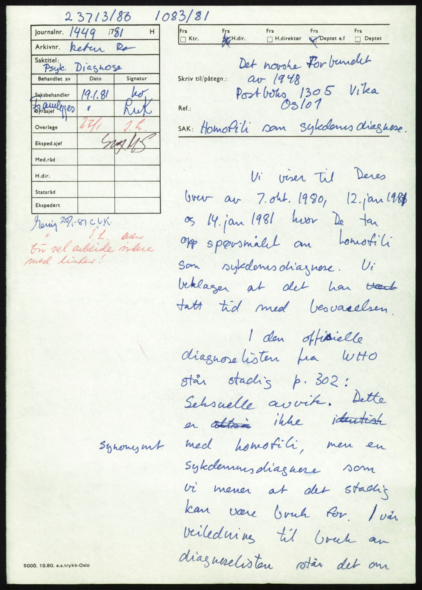 Sosialdepartementet, Helsedirektoratet, Kontoret for psykiatri, H4, RA/S-1286/D/Dc/L0611/0002: Sakarkiv / Homofili, 1962-1983, p. 14