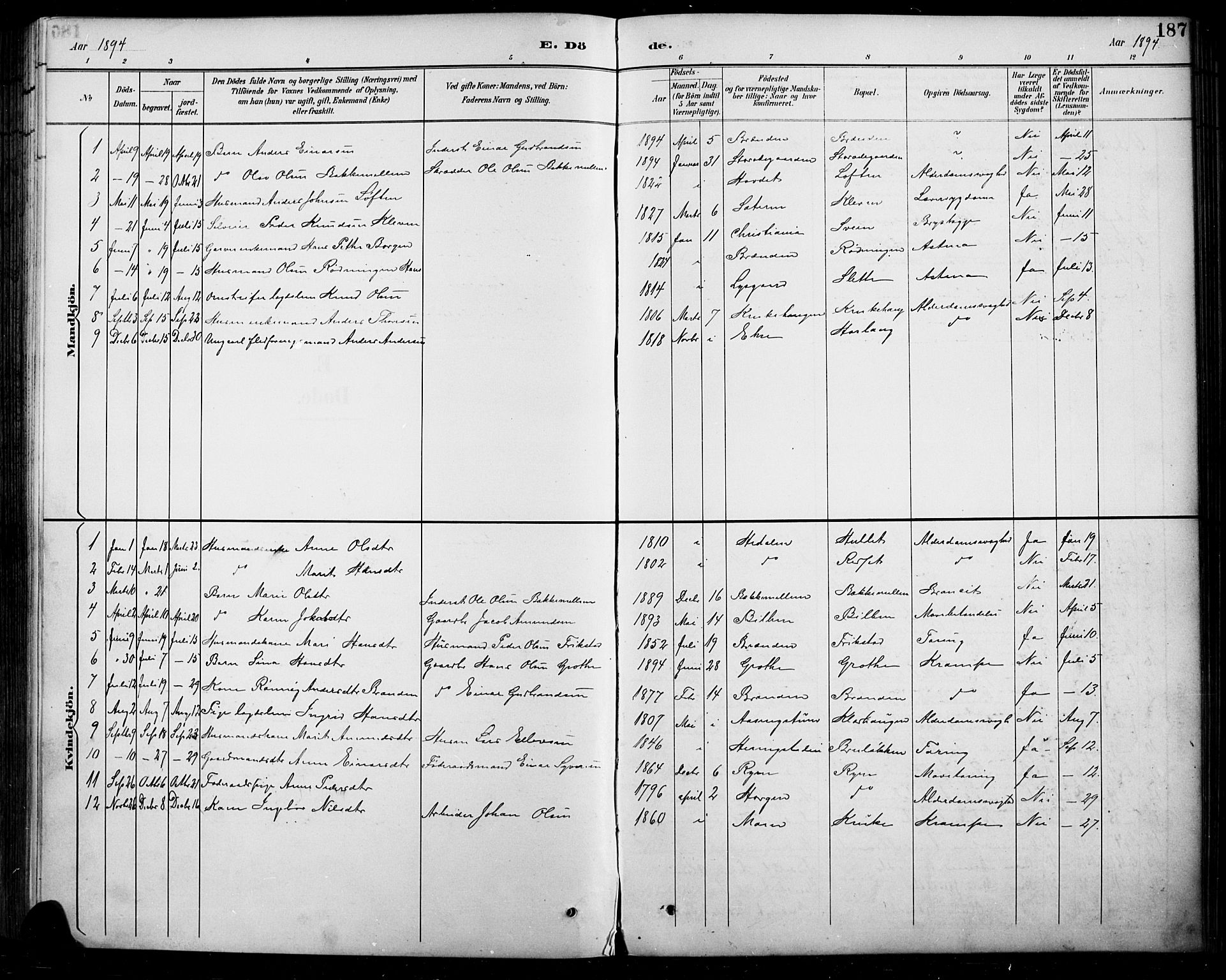 Sel prestekontor, SAH/PREST-074/H/Ha/Hab/L0005: Parish register (copy) no. 5, 1894-1923, p. 187