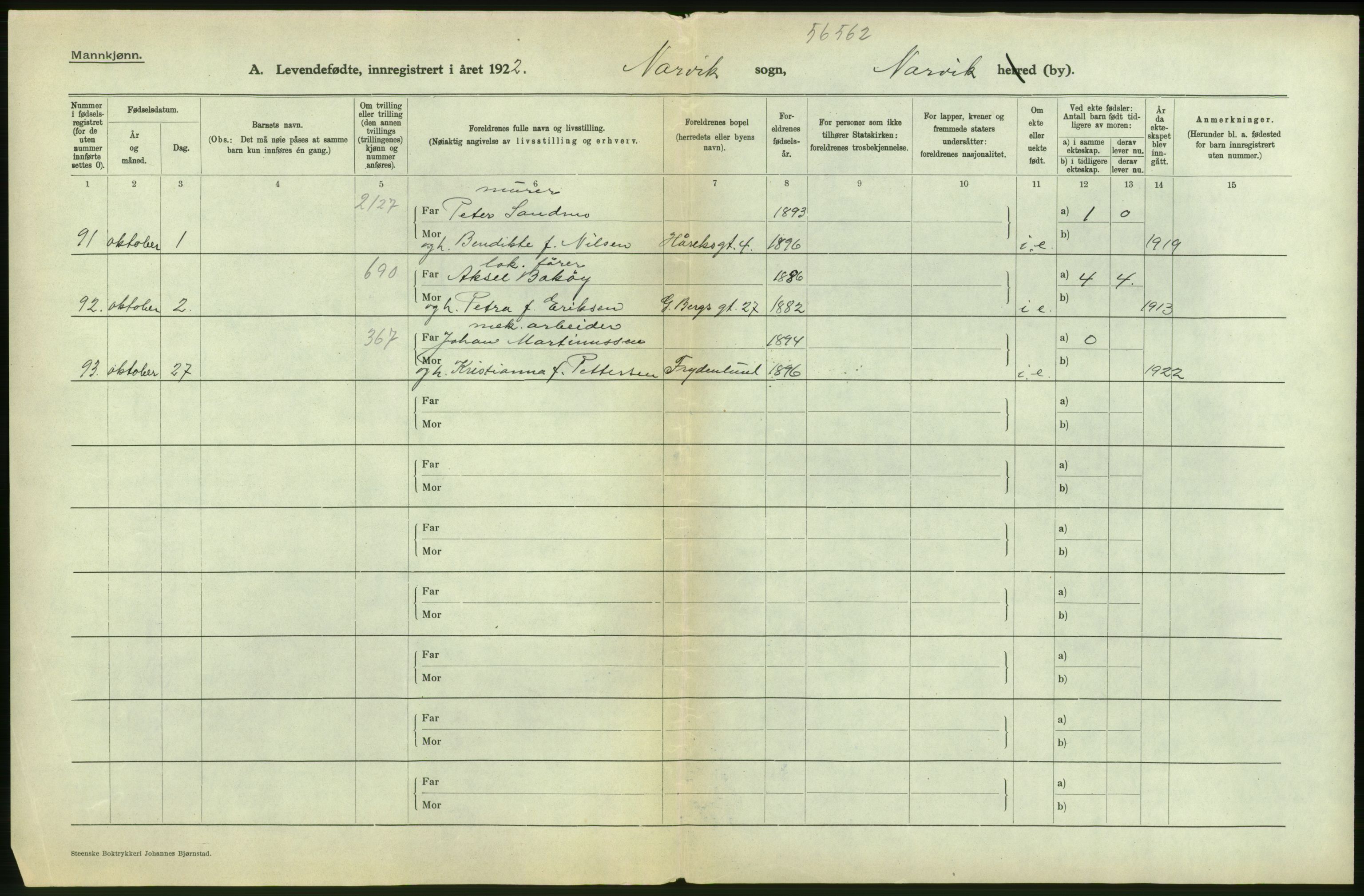 Statistisk sentralbyrå, Sosiodemografiske emner, Befolkning, AV/RA-S-2228/D/Df/Dfc/Dfcb/L0044: Nordland fylke: Levendefødte menn og kvinner. Bygder og byer., 1922, p. 14