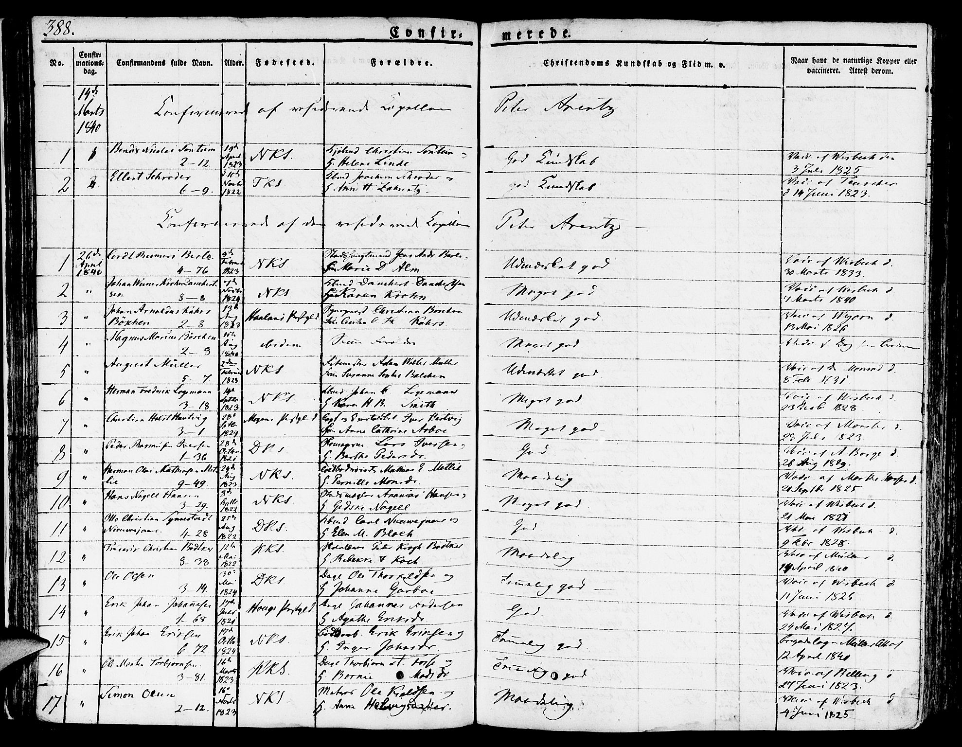 Nykirken Sokneprestembete, SAB/A-77101/H/Hab: Parish register (copy) no. A 5II, 1821-1843, p. 388