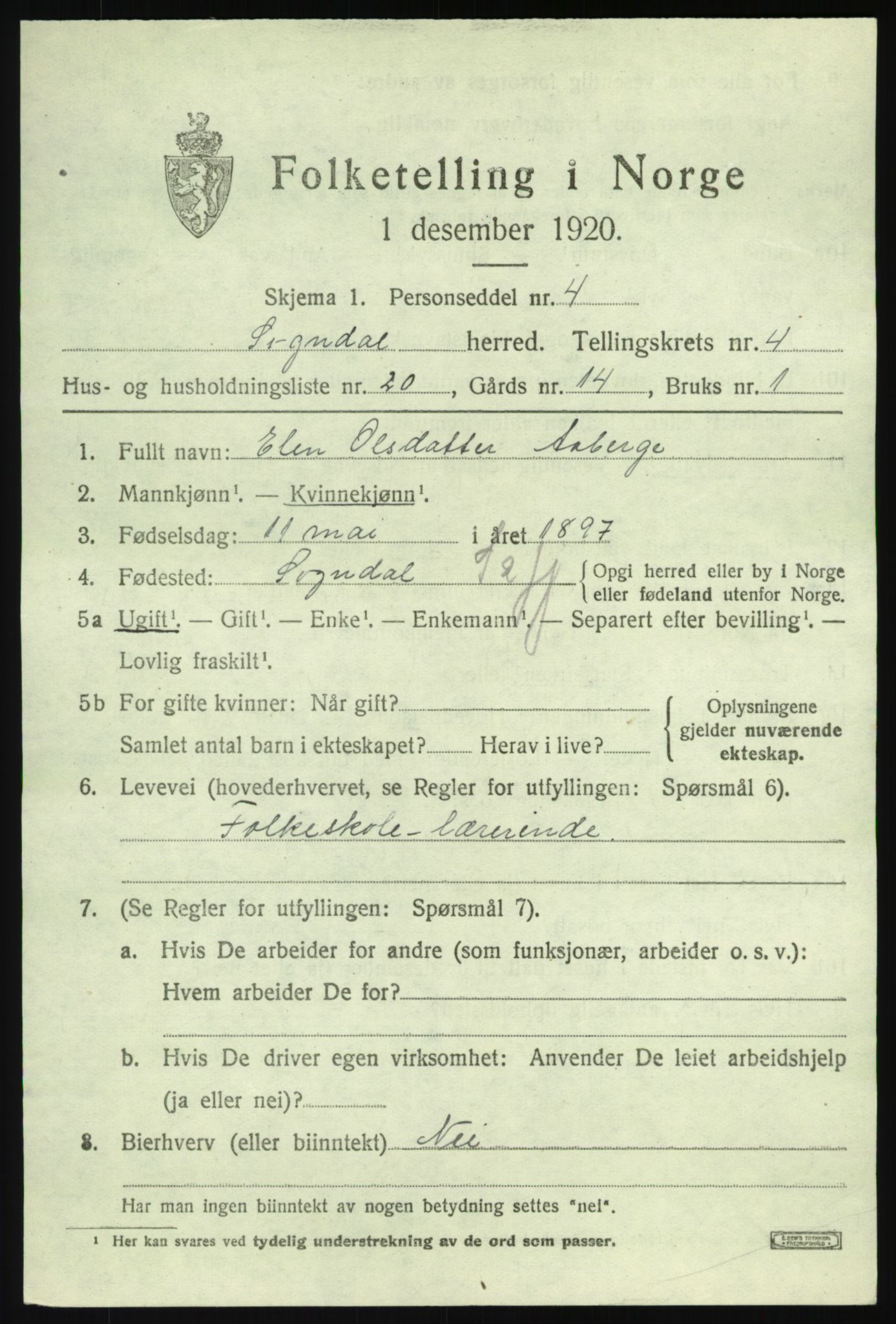 SAB, 1920 census for Sogndal, 1920, p. 2639